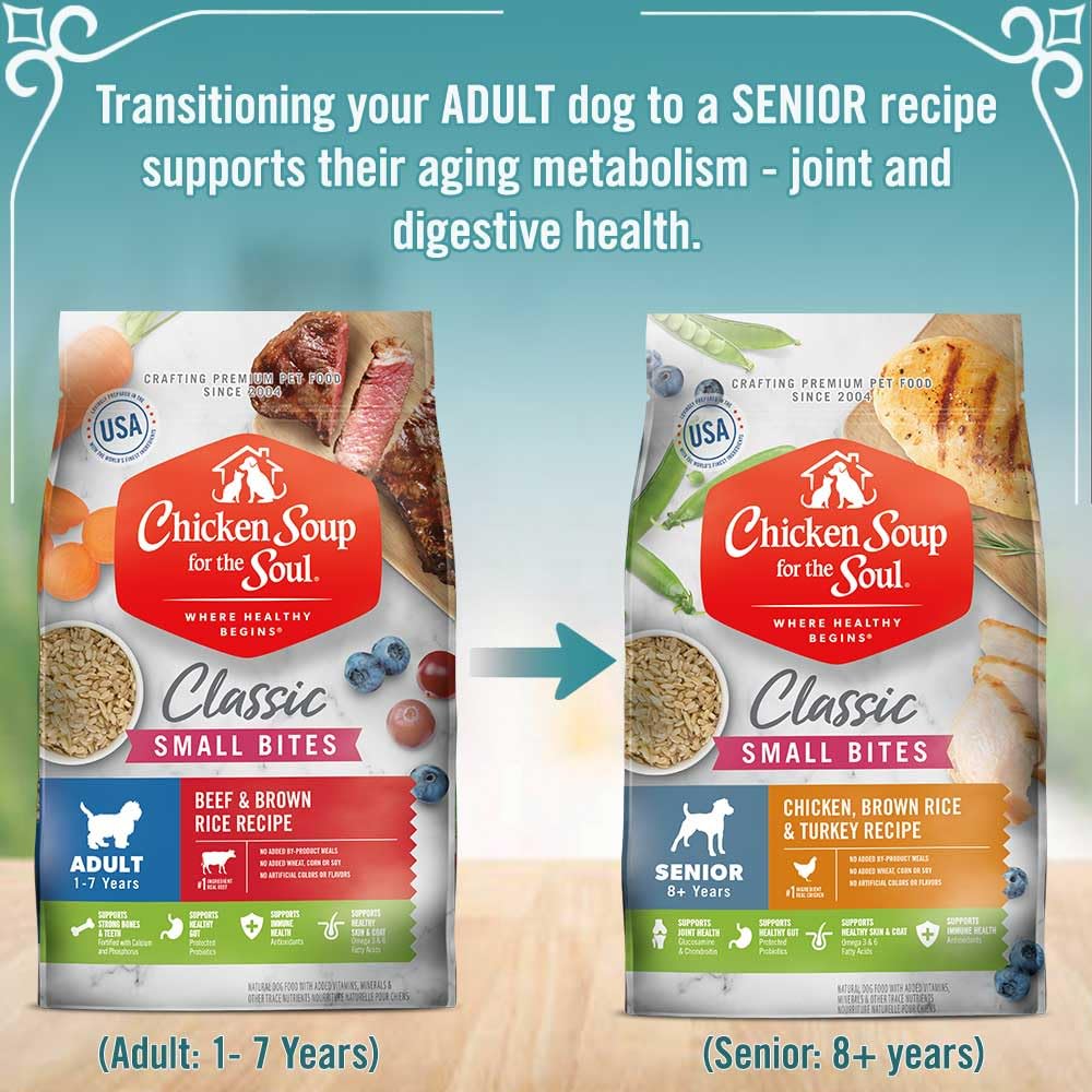 Chicken Soup for The Soul All Natural Premium Small Bites Adult Dry Dog Food, Real Meat First Ingredient, No by-Products, Supports Gut & Immune Health, Beef & Brown Rice, 13.5lb