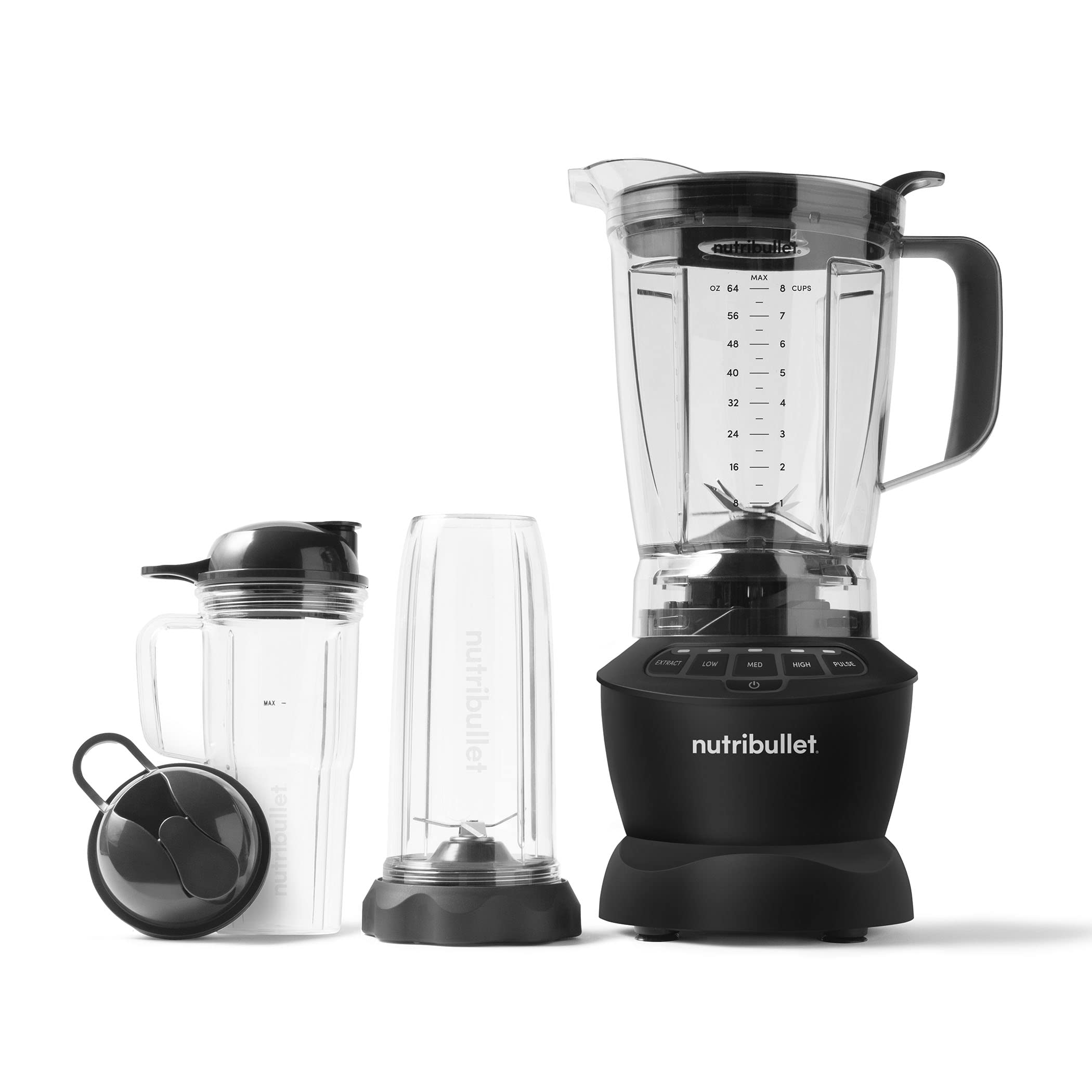 nutribullet Full-Size Blender Combo, Single-Serve & Large Capacity, 1200W, 64oz Pitcher, 32oz Cup, Extractor Blade, 3-Speed, Pulse, Smoothies, Soups, Sauces, Easy Cleaning, Matte Black, NBF50500AK