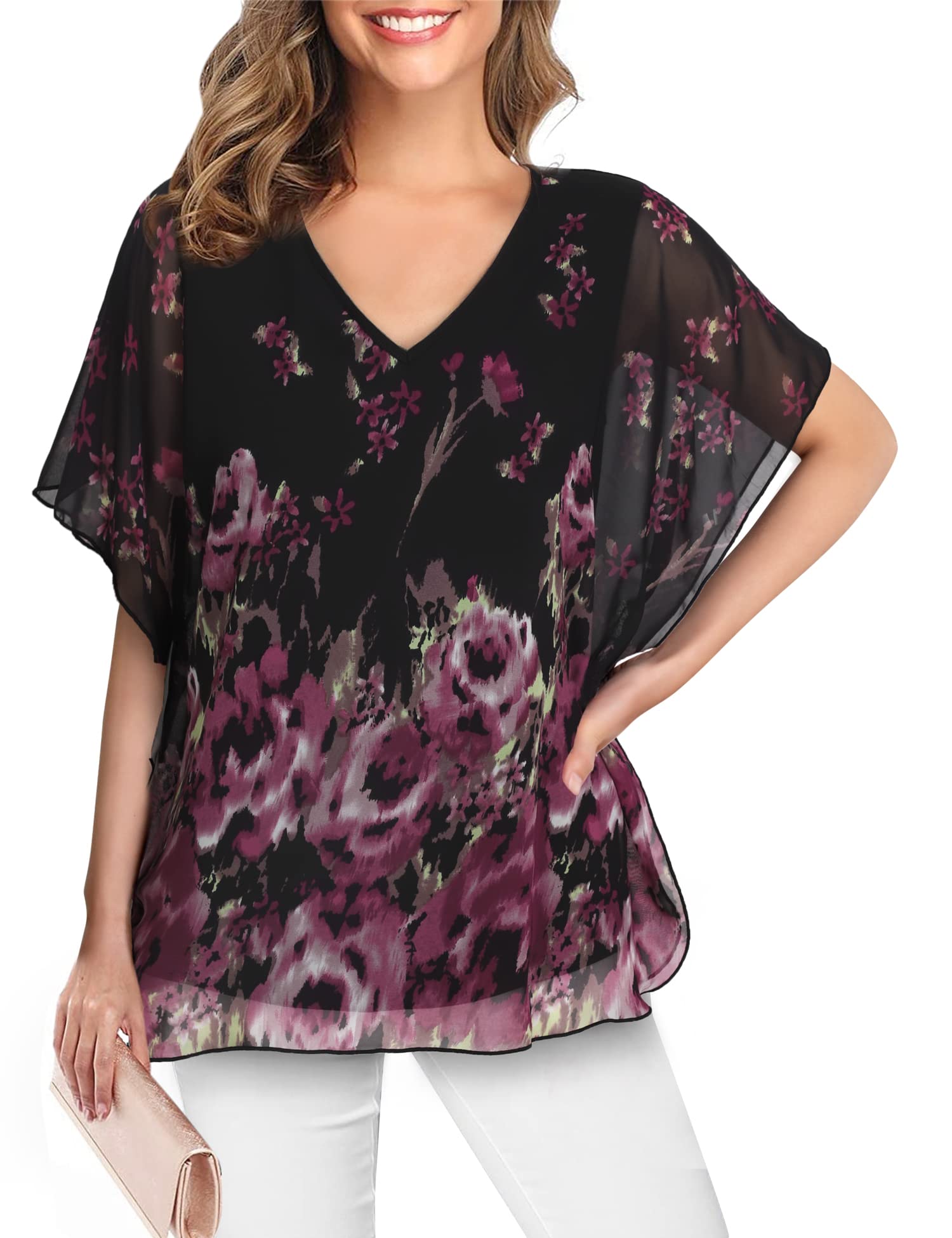 Lotusmile Women's Loose Flouncing Flutter Sleeve Double-Layered Shirt Chiffon Elegant Dressy Blouse Work Tops