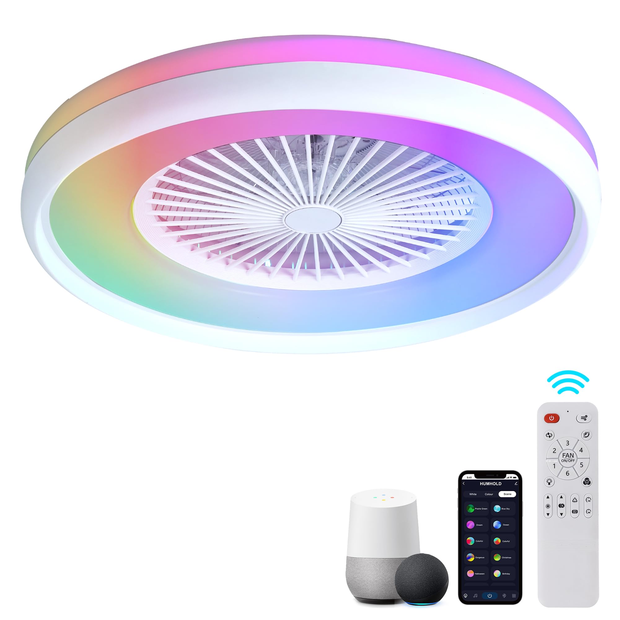 24" Bladeless Ceiling Fan with Light Remote, Smart LED Ceiling Fans with App Control, Modern Low Profile Dimmable Light Ceiling Fan for Bedroom Living Room Gold