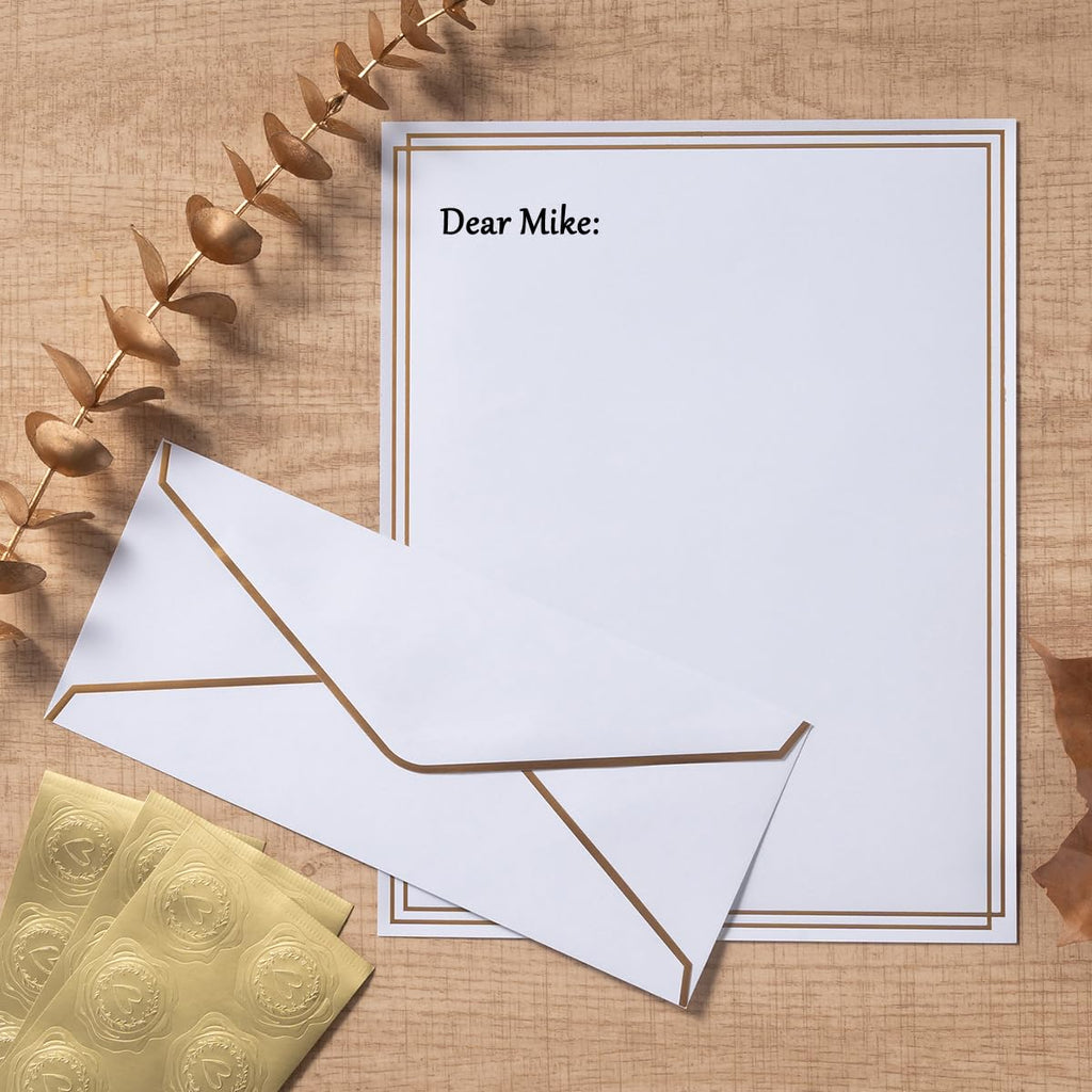 50 Pack Stationery Set with Envelopes, Cream Color, 8.5x11 Inches | Gold Border, #10 Business Envelopes and 8.5x11 Paper Sheets, Stickers for Letter Writing, Invitations