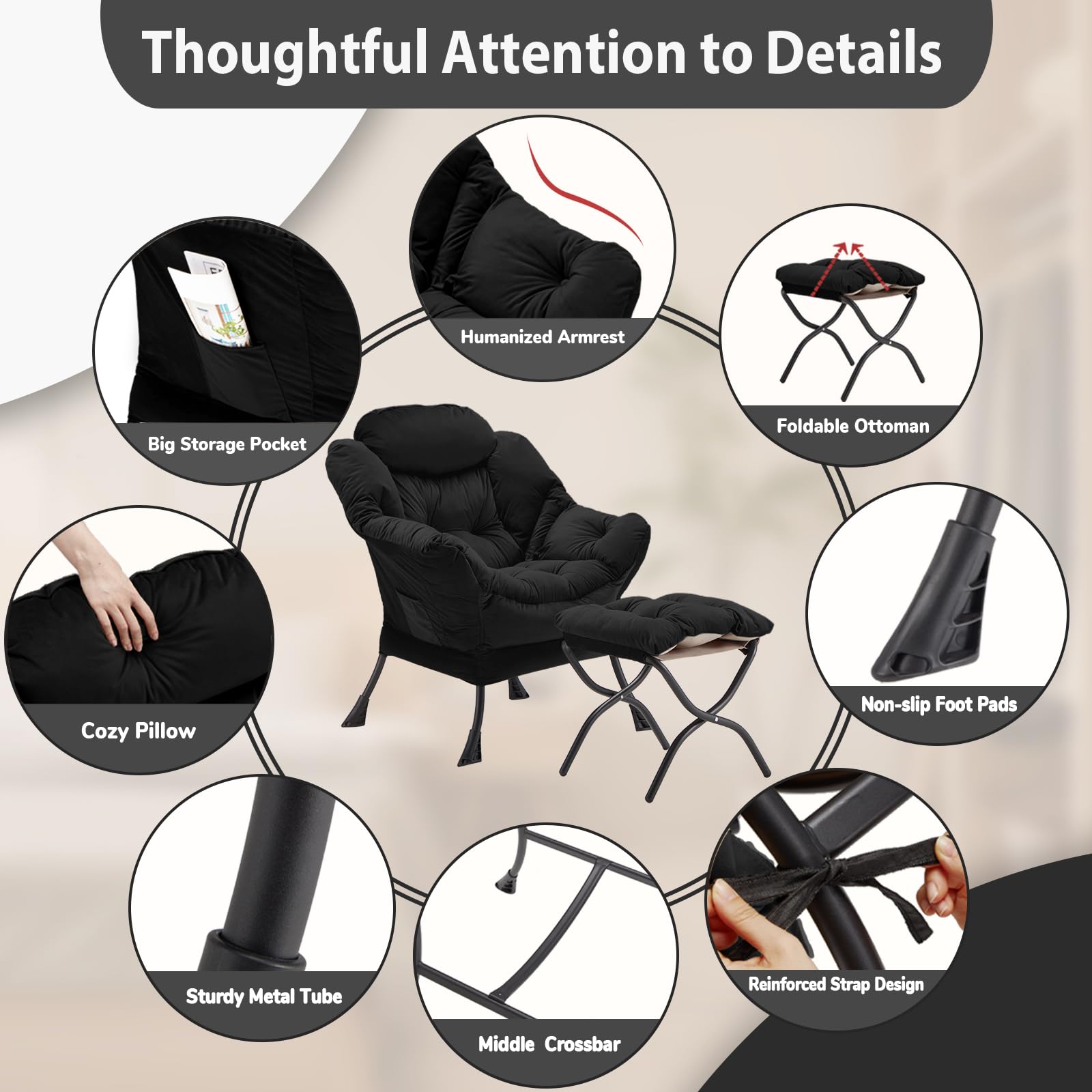 Youtanic Lazy Chair with Folding Ottoman, Accent Chair Velvet Upholstered with Metal Structure and Non-Slip Pads, Sofa Armchair with Footrest and Side Storage Bag for Dorm, Room, Office, Beige