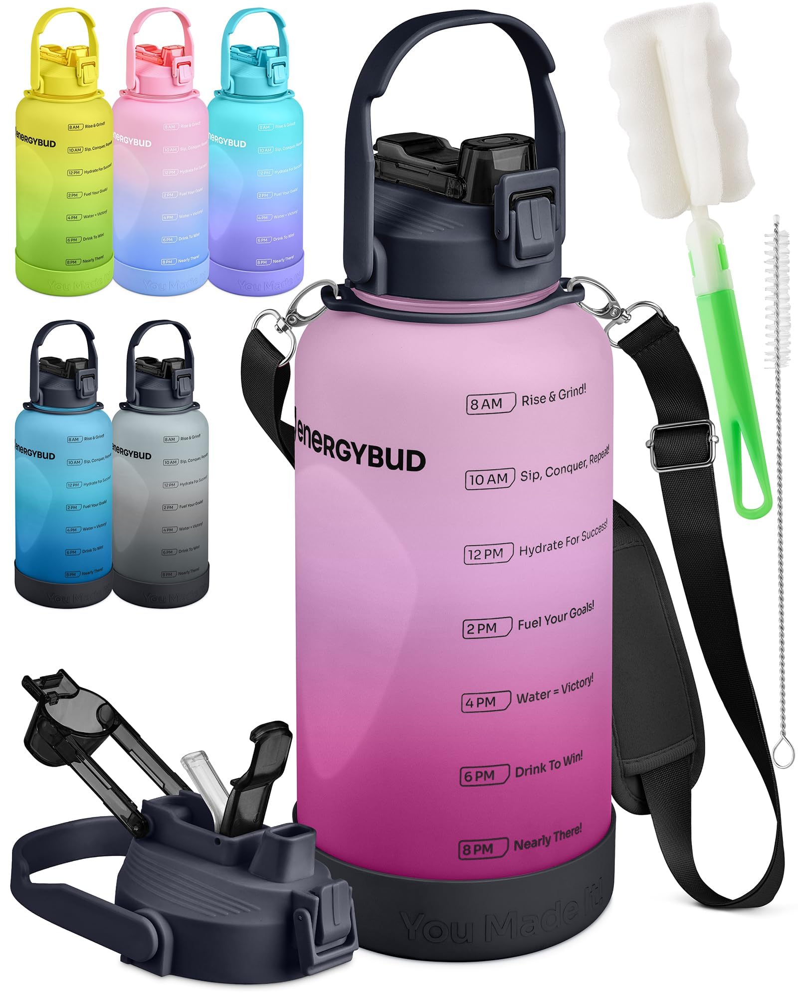 1/2 Gallon Water Bottle with 74.3 oz Capacity - Motivational Time Markers for Daily Hydration Goals - Leakproof BPA Free Tritan with Removable Straw