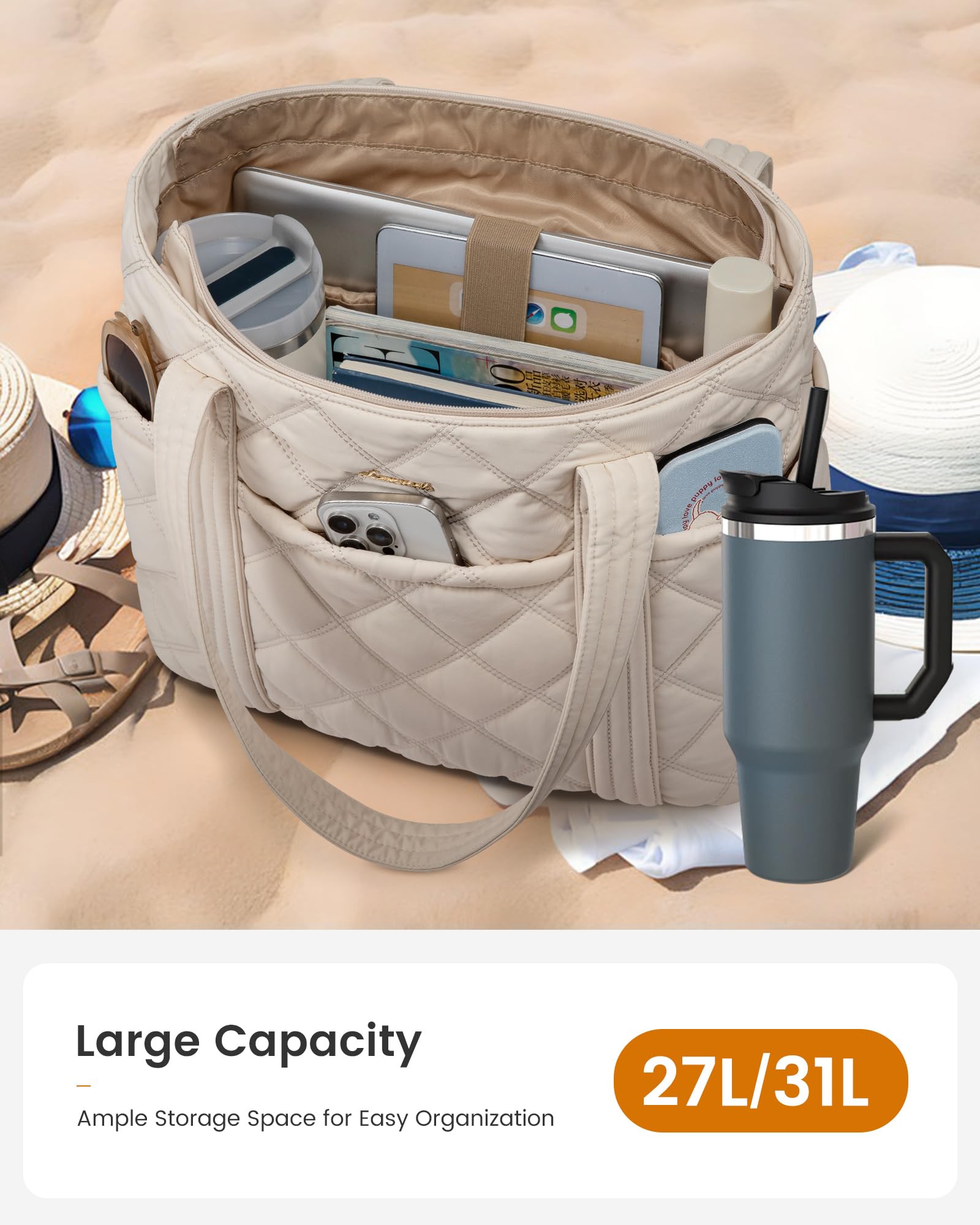 LOVEVOOK Puffer Tote Bag for Women, Puffy Work Handbag with Cup Holder, Travel Carry On Bag with Zipper for Teacher Nurse Gym