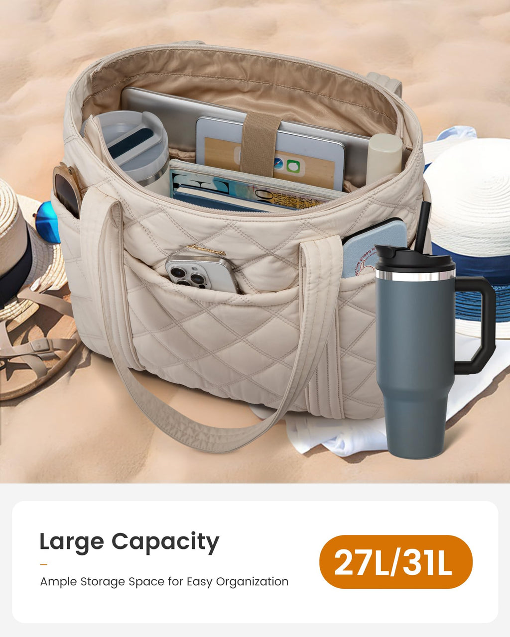 LOVEVOOK Puffer Tote Bag for Women, Puffy Work Handbag with Cup Holder, Travel Carry On Bag with Zipper for Teacher Nurse Gym