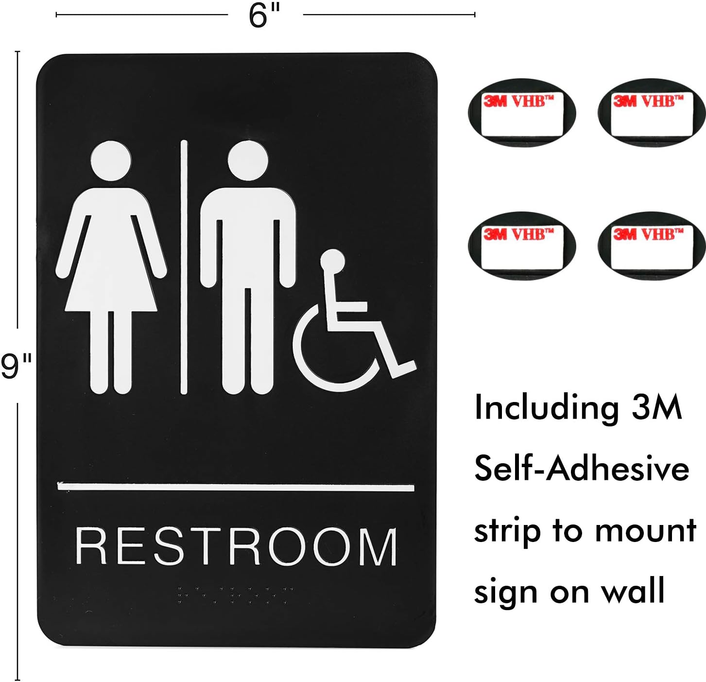 Self-Stick ADA Braille Unisex Restroom Signs-Bathroom Signs with Double Sided 3M Tape for Office or Business Bathroom and Toilet Door or Wall Decor 9”X6”