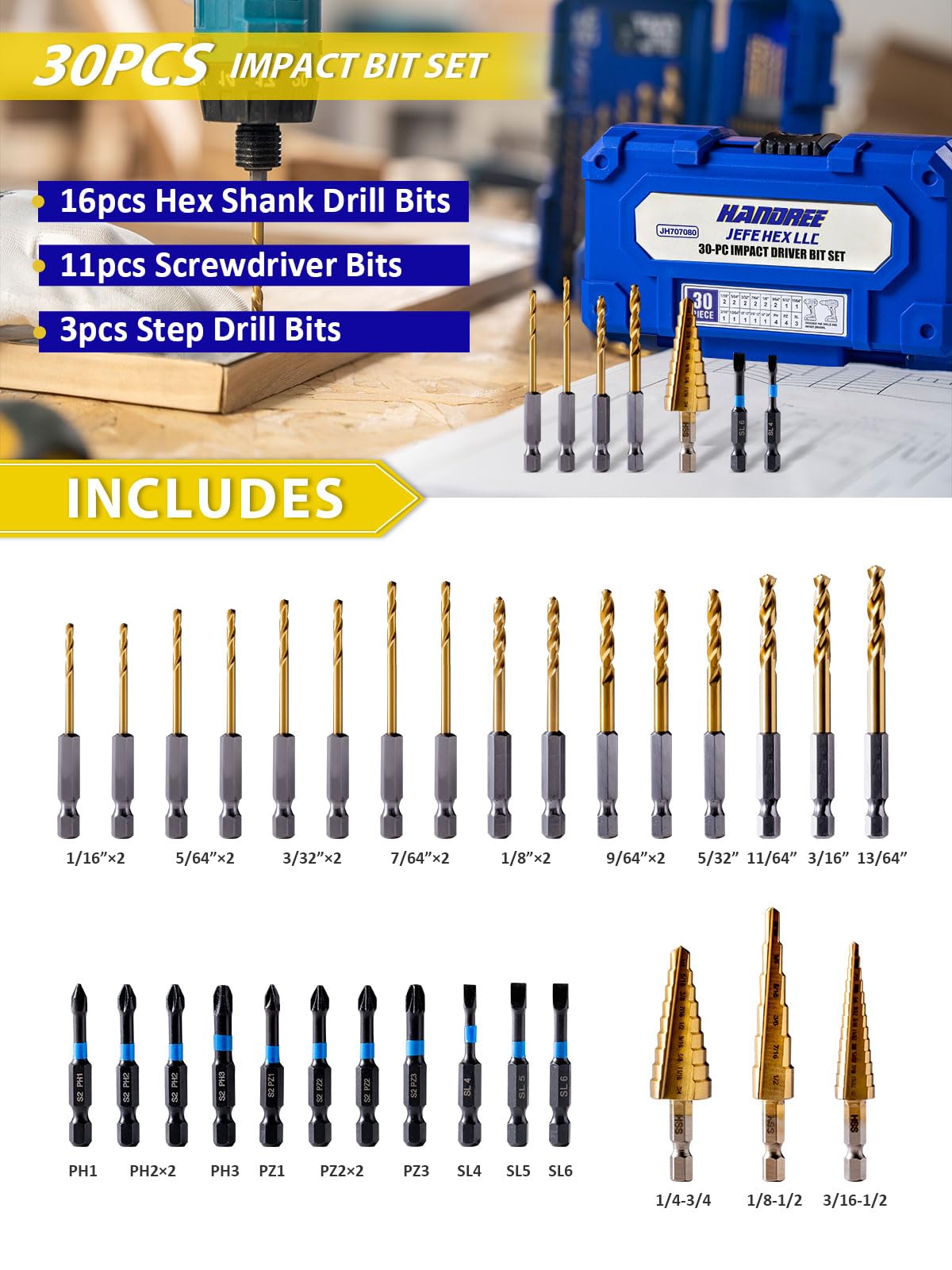 JEFE HEX 1/4-20 UNC Hex Shank Taps for Metal | MRO & Industrial Use | Quick-Change | Impact Driver (5pcs)