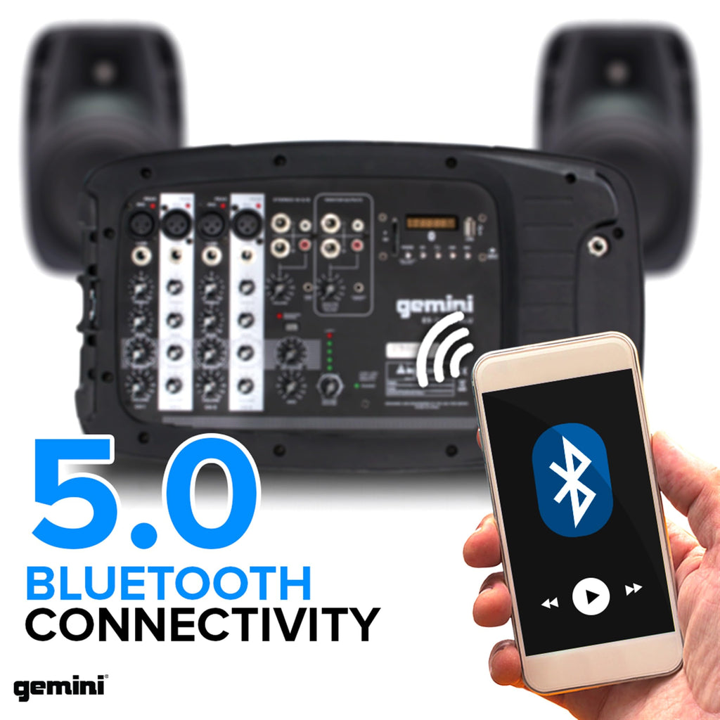 Gemini Dual 10" Powered PA System & Stands, 600W (ES-210MXBLU-ST) | Dual 10" PA with tripod stands - 6-channel powered mixer, 4 mic in - Bluetooth, USB - mic included