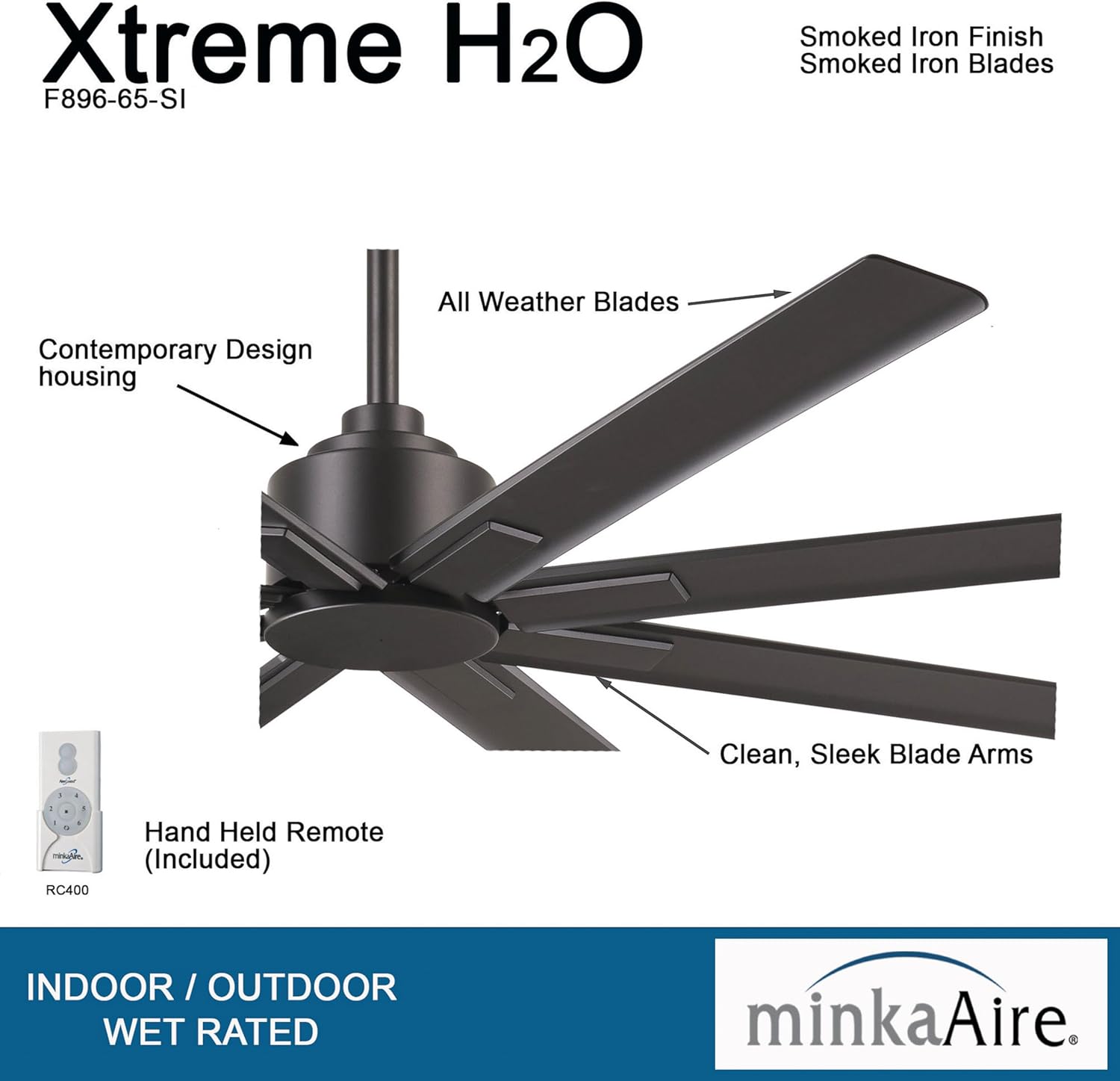 Minka Aire Xtreme H2O - 65-inch Ceiling Fan F896-65-SI, Smoked Iron, Reversible with Remote Control