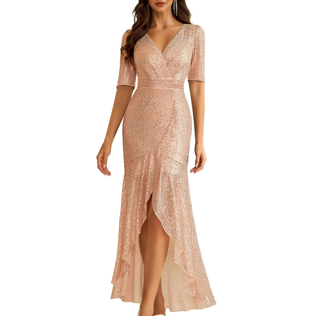 COOAN Women's Long Sequin Formal Dresses Long-Sleeve Cocktail Wedding Guest Dresses Elegant V Neck Party Gowns