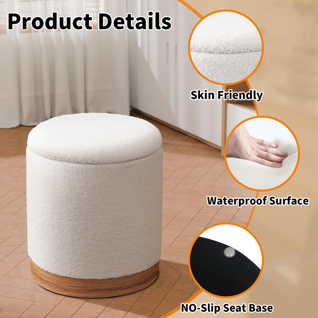 Joveco Boucle Round Ottoman with Storage,Vanity Stool with Storage for Bedroom, Ottoman Coffee Table,Small Boucle Foot Stool for Living Room, Black with Gold Plating