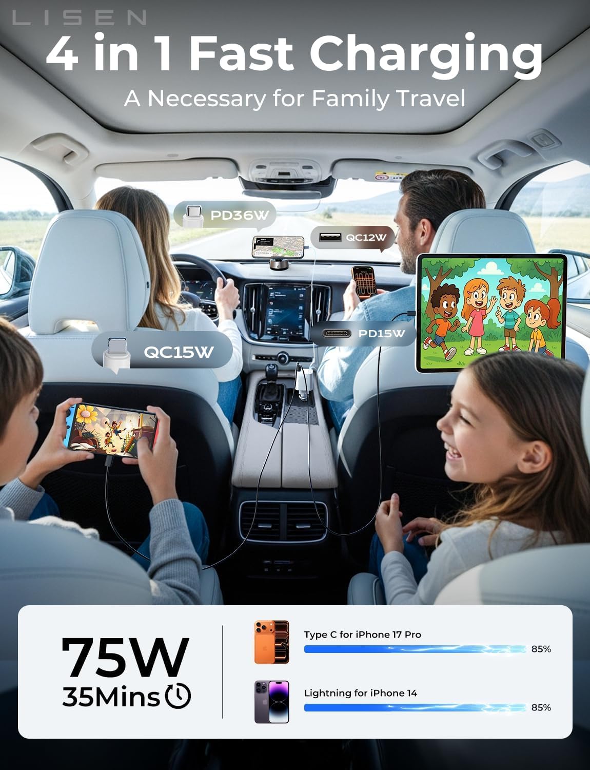 LISEN Retractable Car Charger, 84W Car Charger USB C Fast Charger Adapter for iPhone, Car Accessories for Men Women, Birthday Gifts for Fathers Day for Men Dad Husband, for iPhone 17 16 15 14 13 12 11