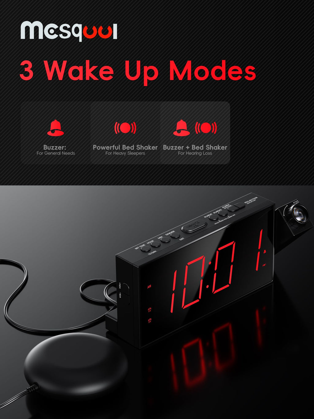 Digital Projection Alarm Clocks for Bedrooms - Large LED Display, 180° Rotatable Projector, 5-Level Dimmer,USB Charger,Battery Backup,Loud Dual Alarms for Kids Elderly,Heavy Sleepers,Snooze,12/24H,DST