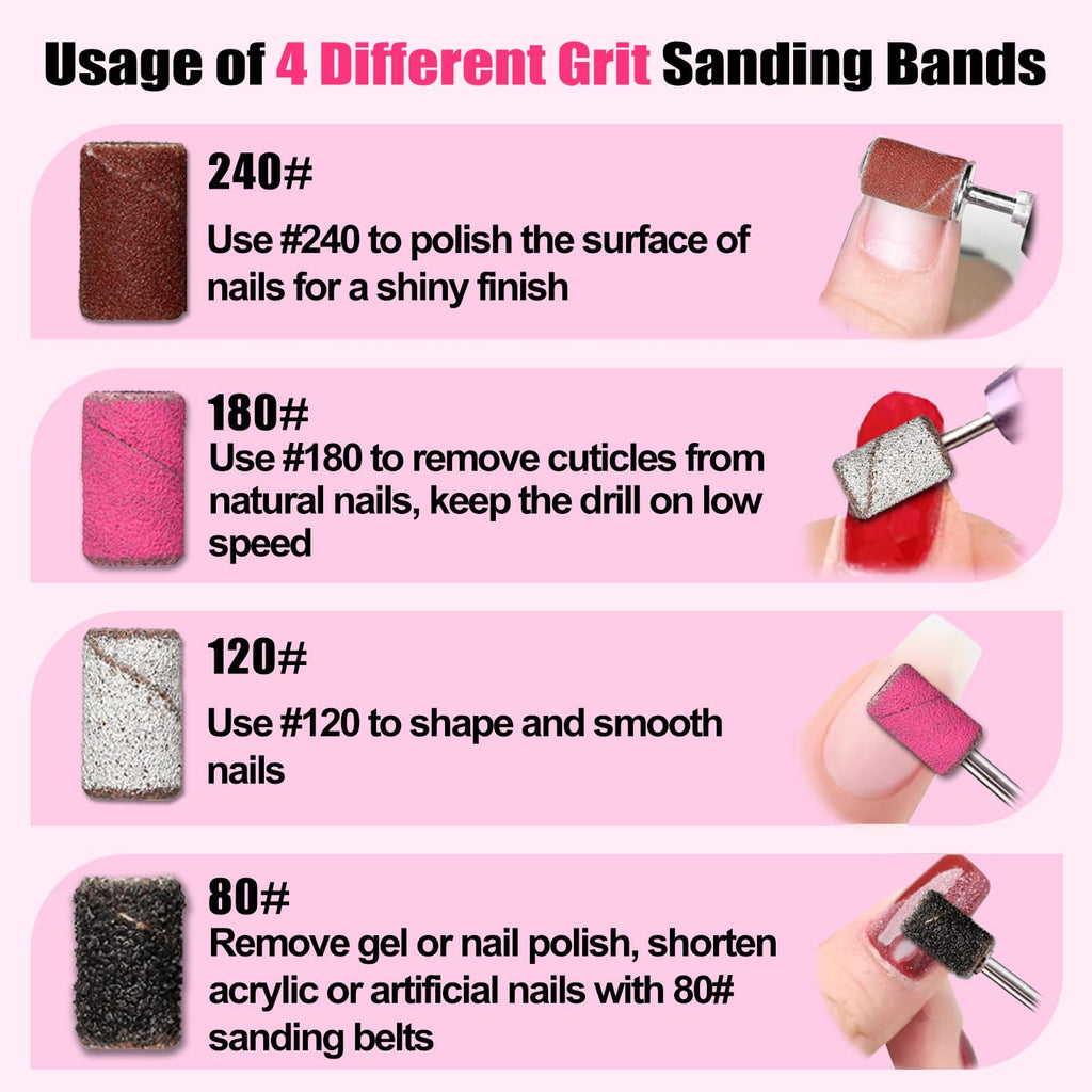 Haozher Nail Drill Bits, 135 Pcs Sanding Bands for Nail Drill, Nail Tips for Drill Bits Nail Tech, Mix 80#120#180#240# Fine Grit File Sanding Bands for Acrylic Gel Manicures Pedicure