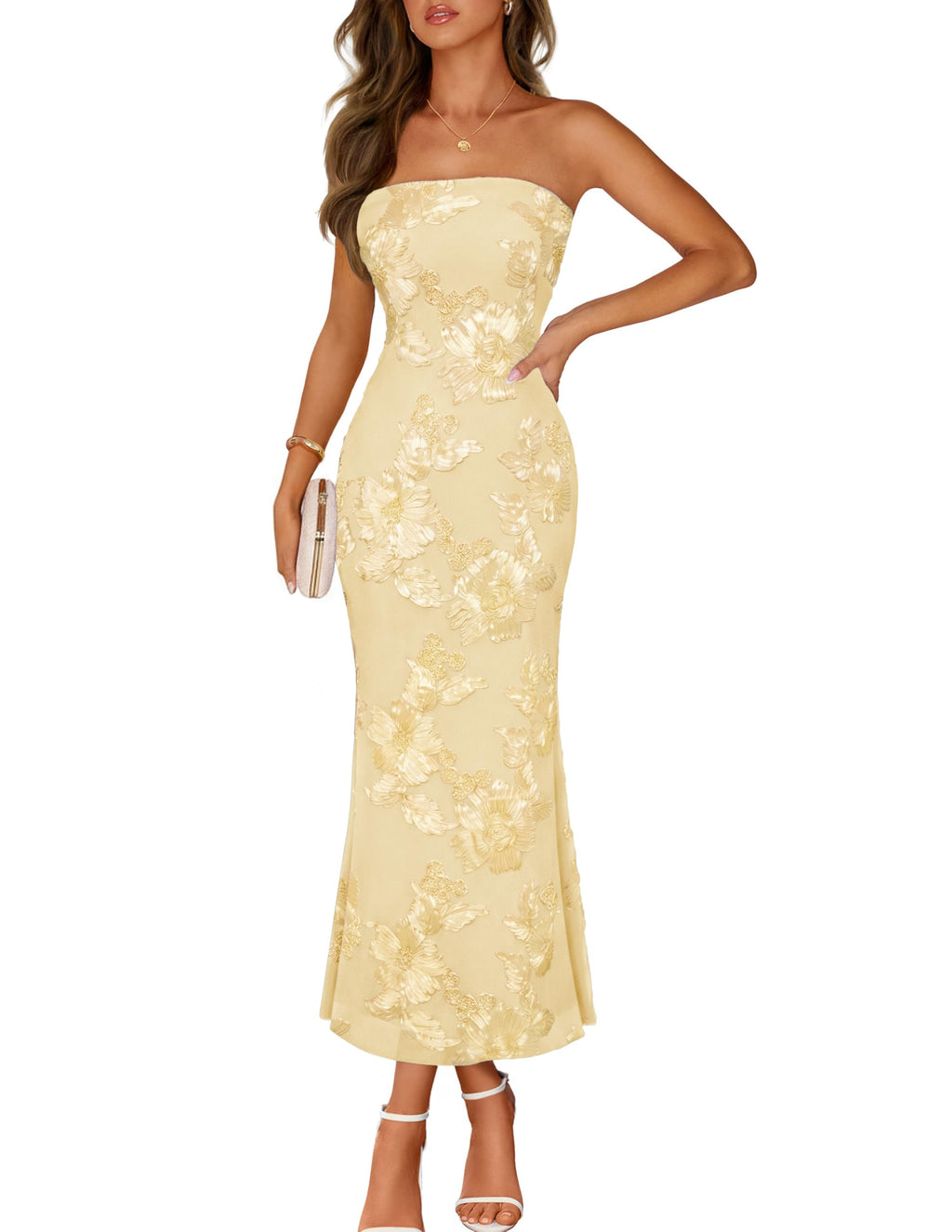 MEROKEETY Women's Floral Strapless Maxi Dress 2026 Summer Mesh Tube Bodycon Formal Wedding Guest Cocktail Party Long Dresses