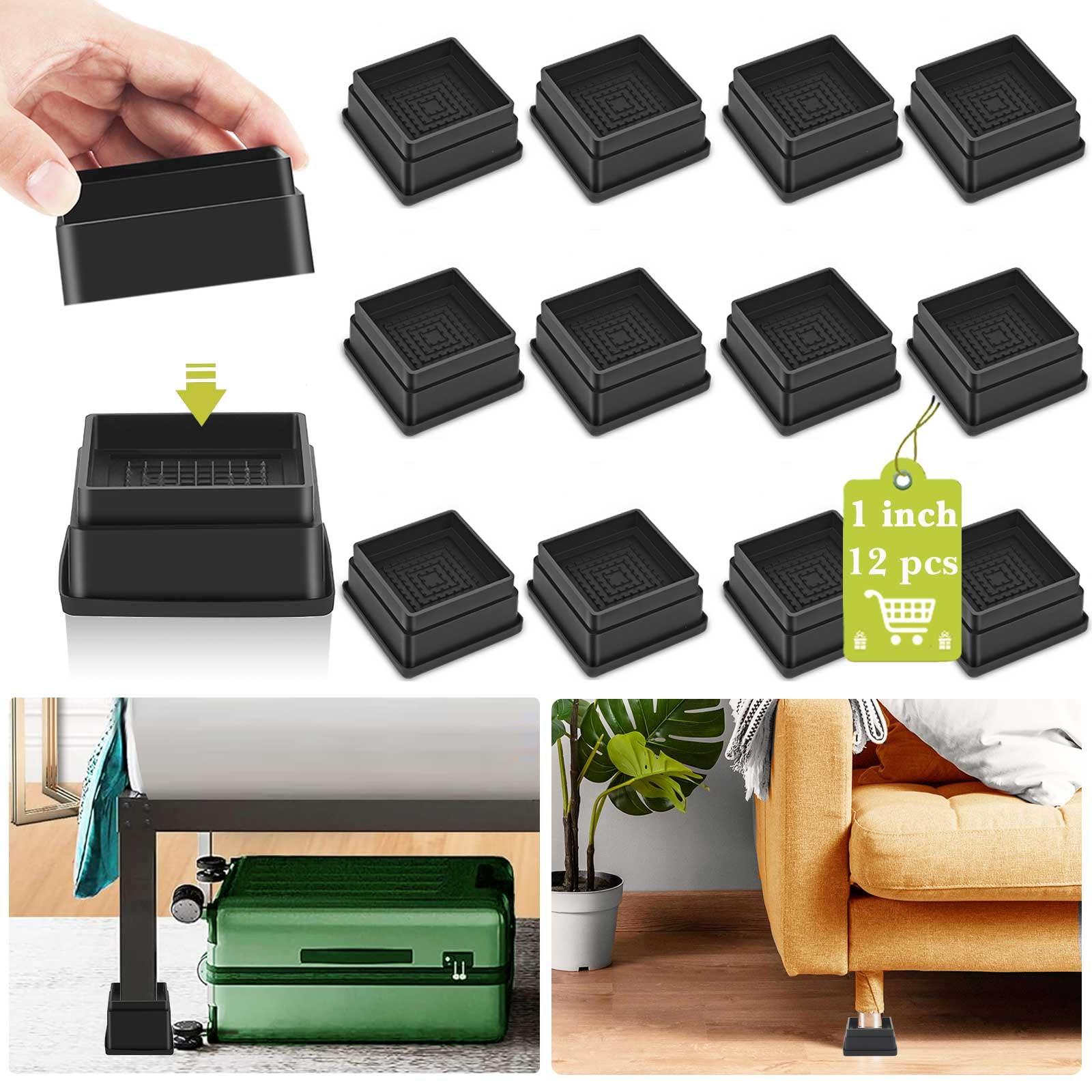 12 Pack Furniture Risers 1 Inch, Adjustable Bed Risers Heavy Duty for Table Desk Couch Chair Sofa Cabinet Bed Frame Dorm, Square Stackable Table Leg Risers Lift Height 1", 2" or 3", Black