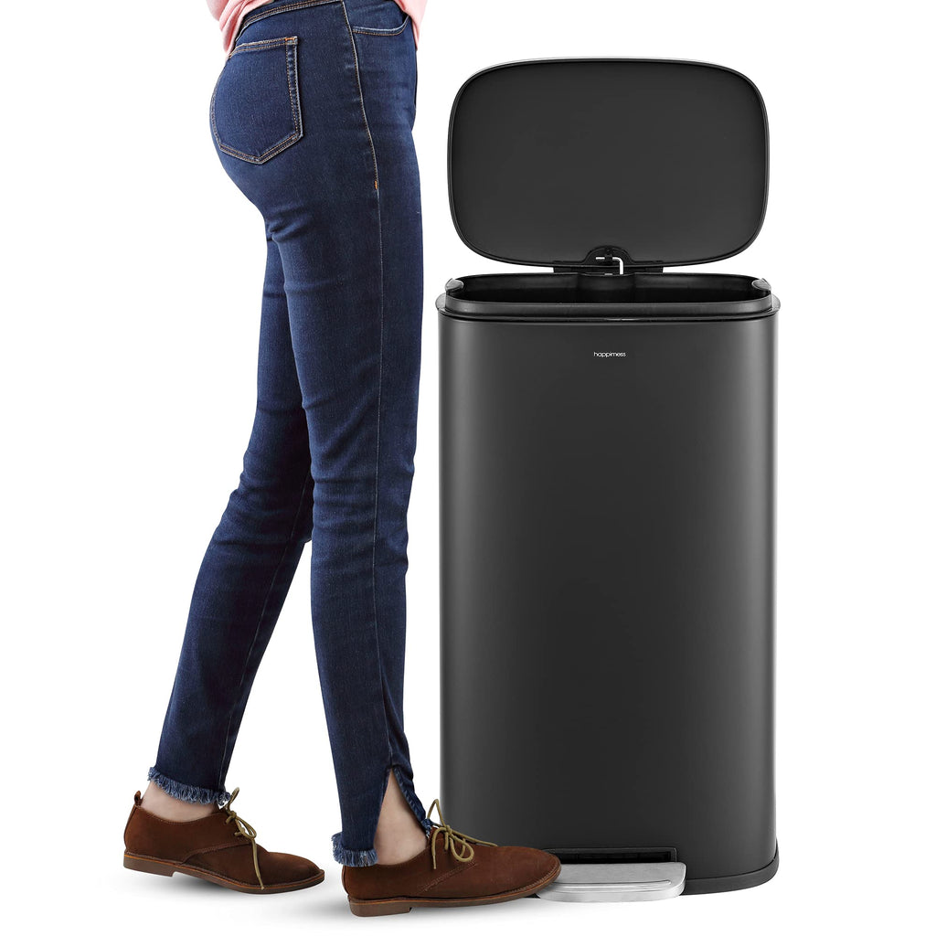happimess HPM1011B Curtis 8-Gallon Step-Open Trash Can with Soft-Close Lid, Modern, Minimalistic, Fingerprint Proof for Home, Kitchen, Laundry Room, Office, Bedroom, Bathroom, Black