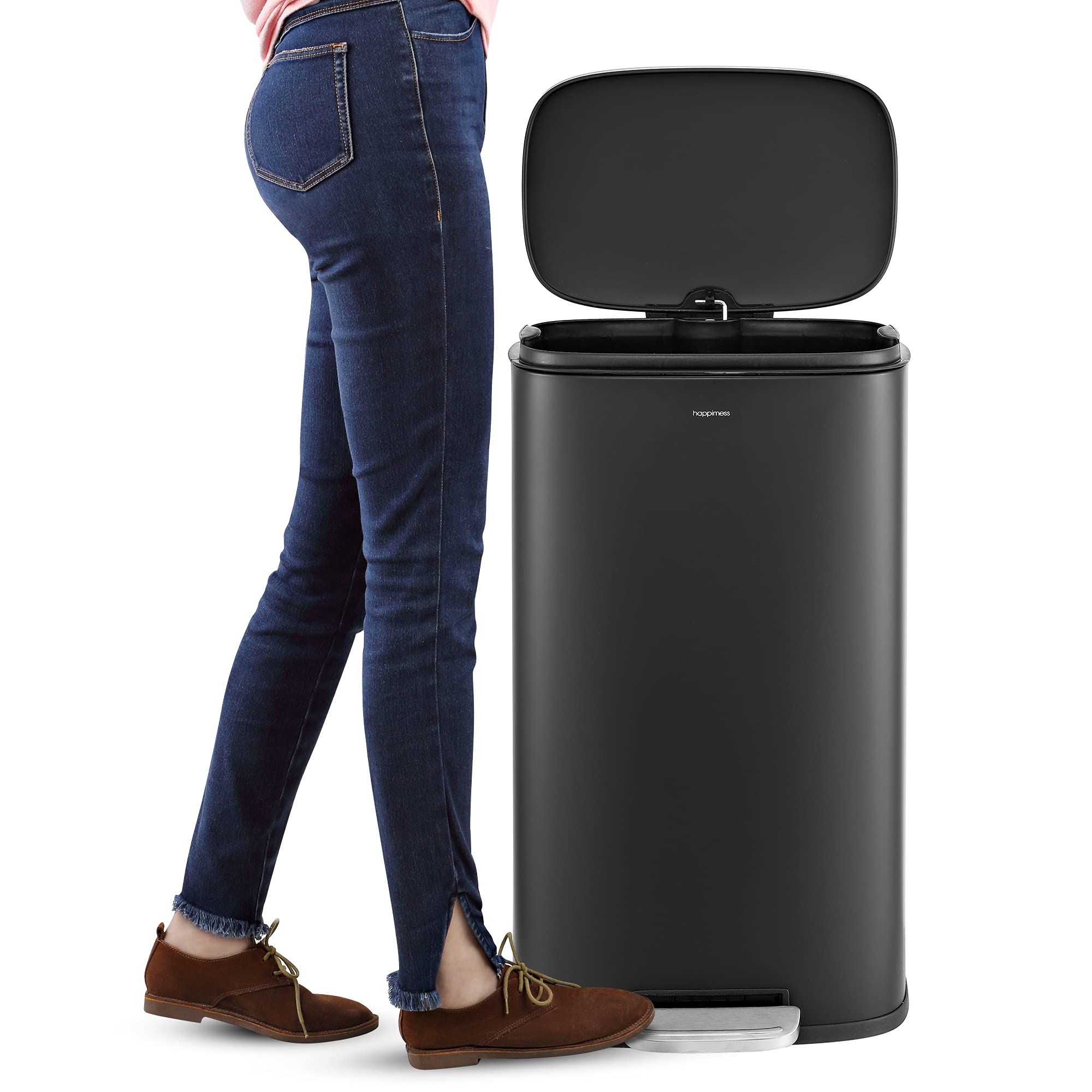 happimess HPM1011B Curtis 8-Gallon Step-Open Trash Can with Soft-Close Lid, Modern, Minimalistic, Fingerprint Proof for Home, Kitchen, Laundry Room, Office, Bedroom, Bathroom, Black