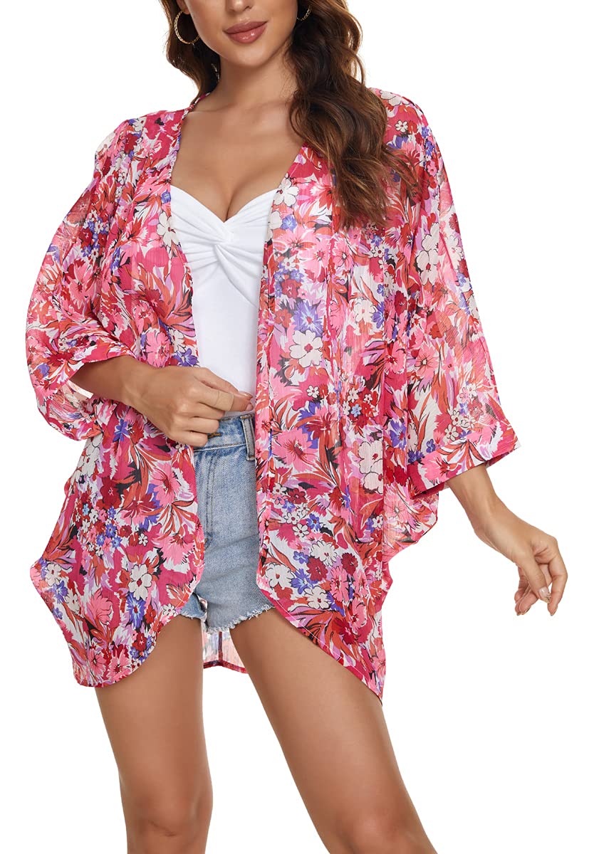 olrain Women's Floral Print Sheer Chiffon 3/4 Bat Sleeve Casual Loose Kimono Cardigan Capes