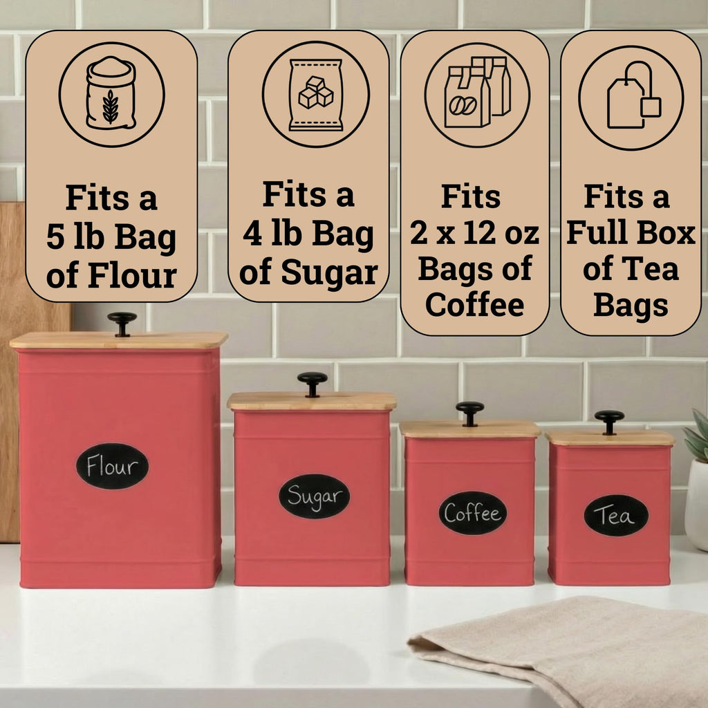 Kitchen Canisters for Countertop Set of 4 w/ Chalkboard Labels & Marker Pen | Airtight Easy Open Bamboo Lids, Dent-Resistant Thick Metal, Customizable Chalkboard Labels, Marker Pen Included, Set of 4