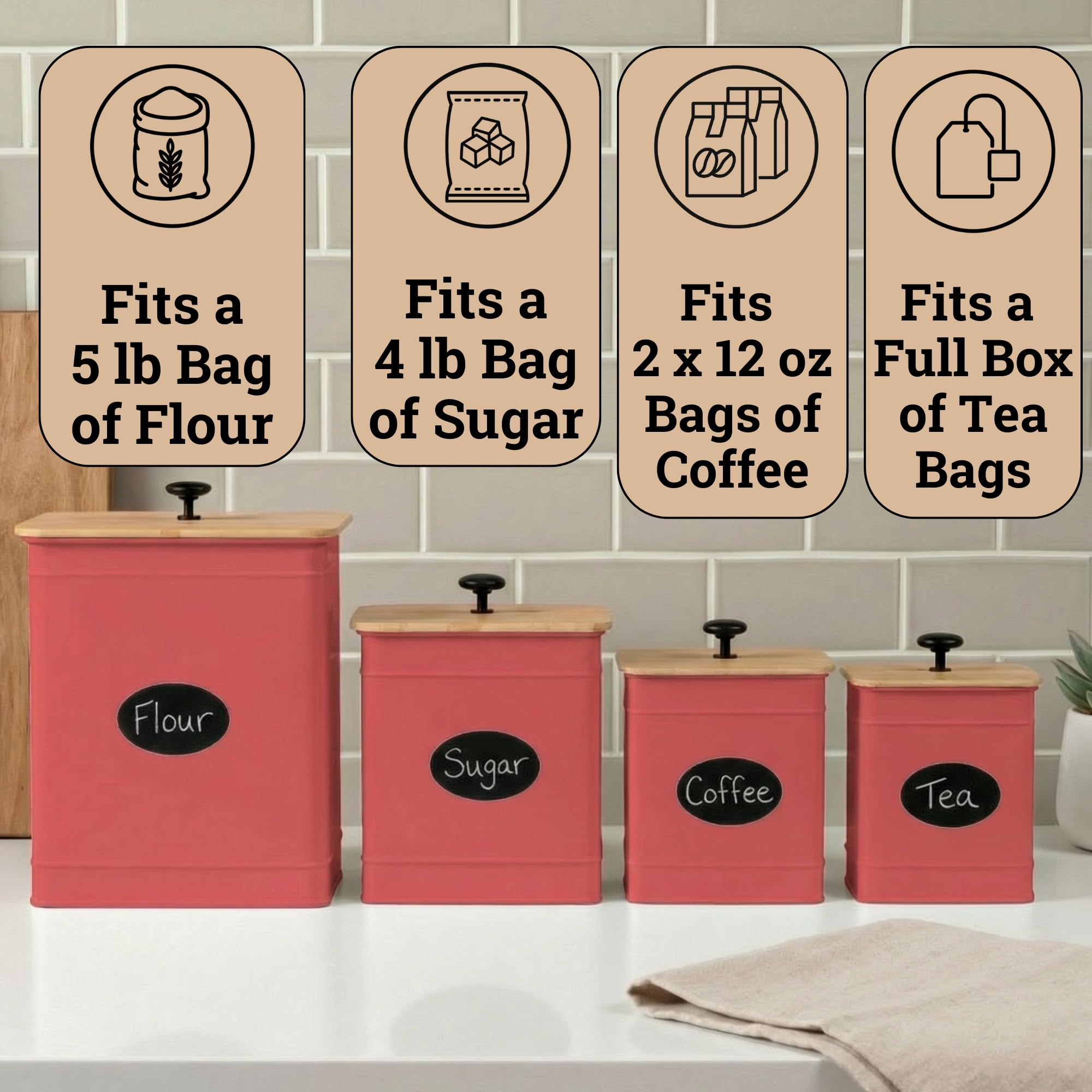Kitchen Canisters for Countertop Set of 4 w/ Chalkboard Labels & Marker Pen | Airtight Easy Open Bamboo Lids, Dent-Resistant Thick Metal, Customizable Chalkboard Labels, Marker Pen Included, Set of 4
