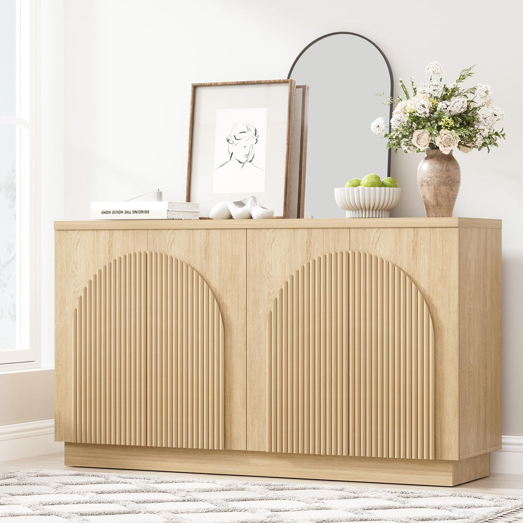 Yechen 55" Fluted Sideboard Buffet Cabinet with Storage, Wood Mid Century Modern Credenza Cabinet w/Arched Reeded Doors & Adjustable Shelves for Kitchen, Living Room, Entryway