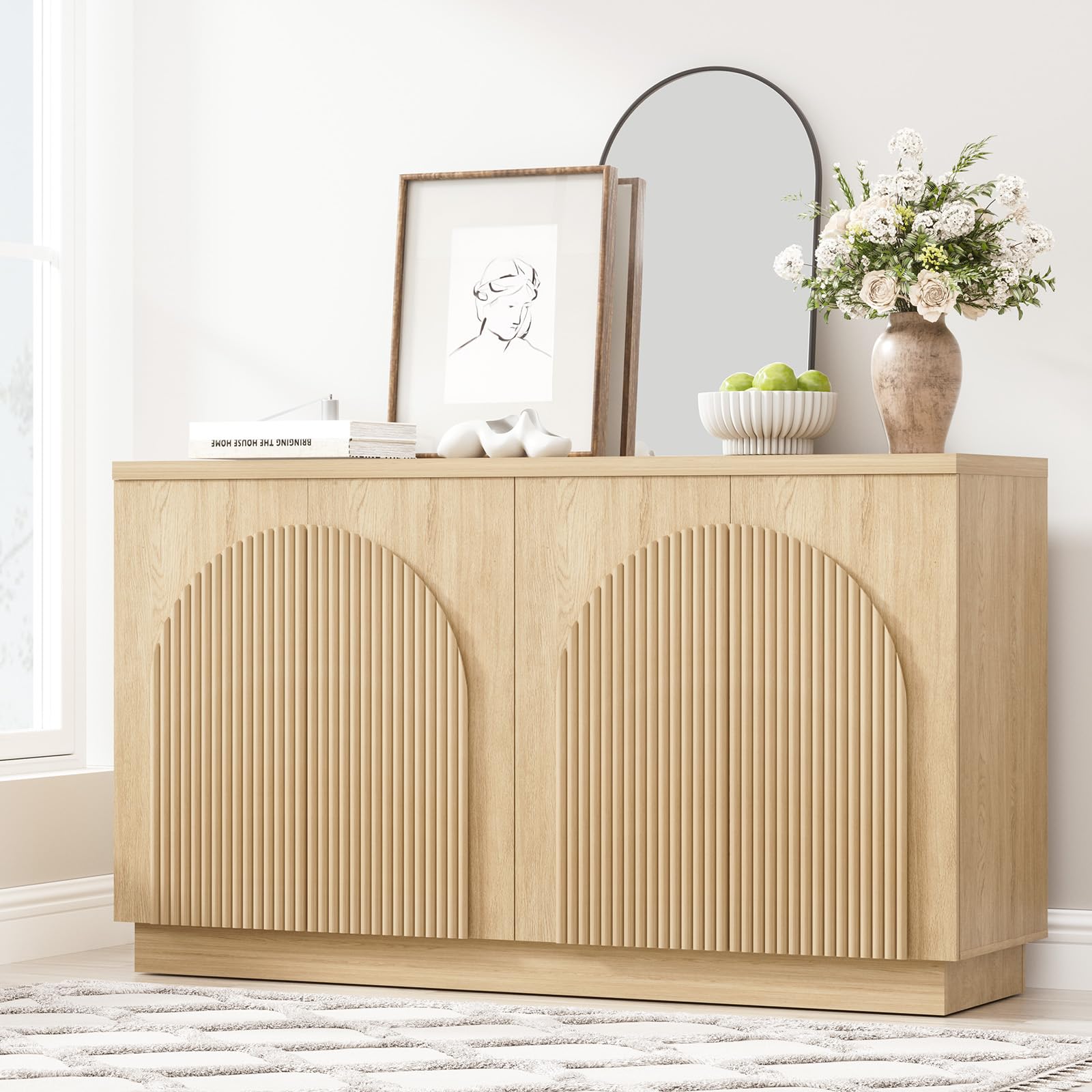 Yechen 55" Fluted Sideboard Buffet Cabinet with Storage, Wood Mid Century Modern Credenza Cabinet w/Arched Reeded Doors & Adjustable Shelves for Kitchen, Living Room, Entryway