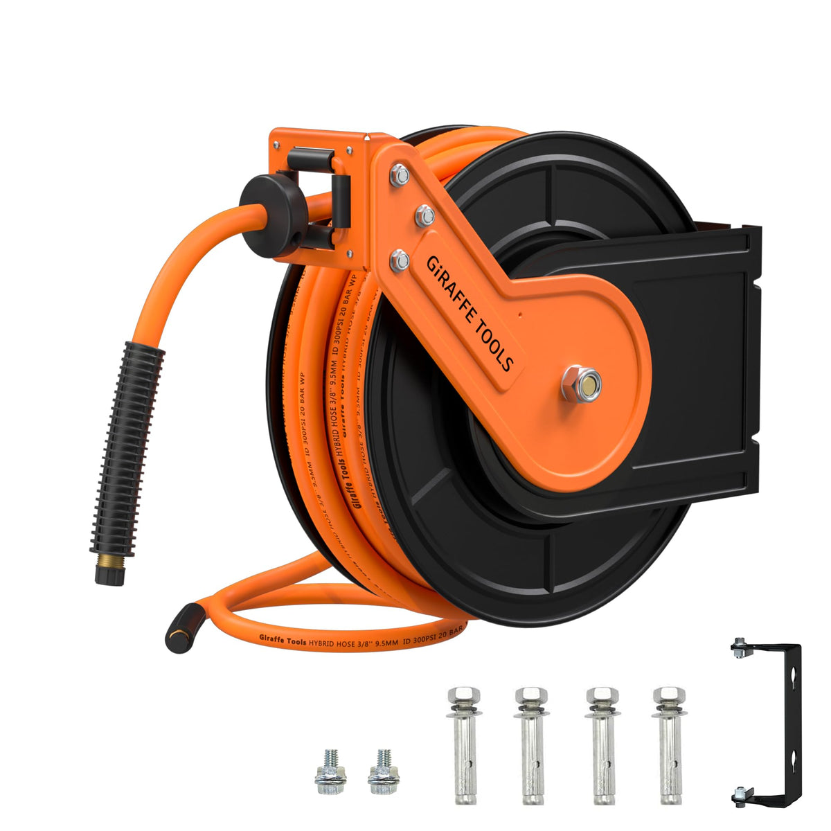 Giraffe Tools Retractable Air Hose Reel, 3/8" Hybrid Hose, Air Compressor Heavy Duty Steel Reel Auto Rewind 300PSI, Wall Mount, 25ft