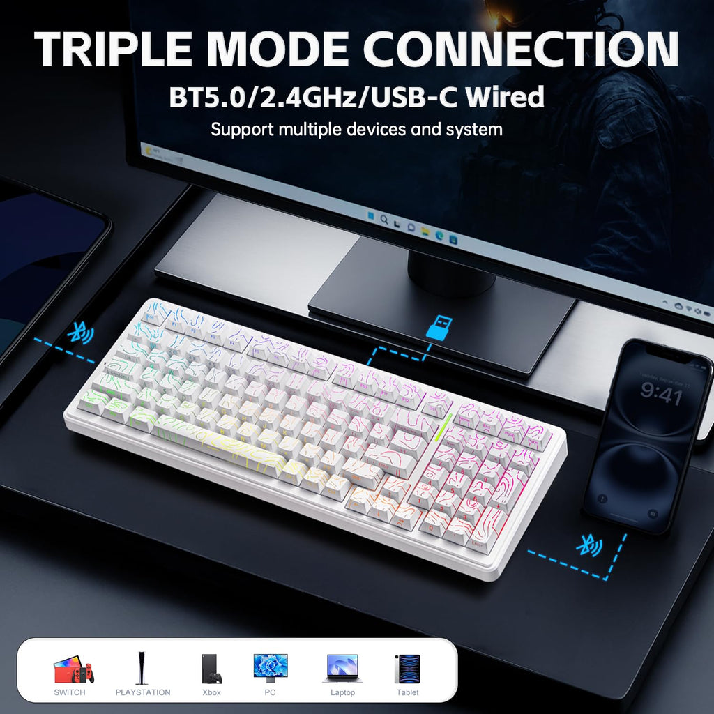 Aula F99 Mechanical Gaming Keyboard, Wireless Creamy Keyboard Hot Swappable Custom Keyboards Rechargeable, Tri-Mode BT5.0/2.4GHz/USB-C, Pre-lubed Linear Switches, RGB Backlit, Gasket Structure