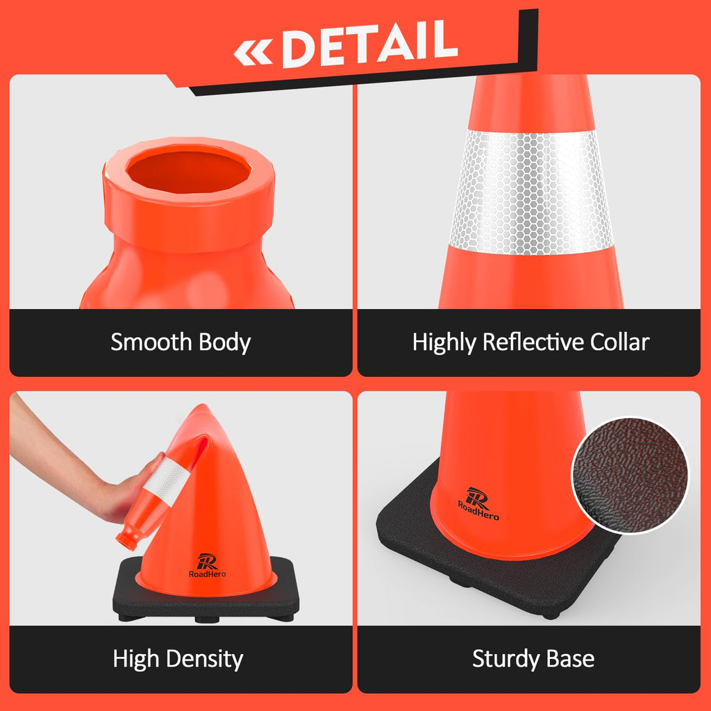 RoadHero 4 Pack Traffic Safety Cones 18 Inch with Black Weighted Base, Plastic PVC Cone, Orange Cones with Reflective Collar, Cones for Parking Lot, Construction Events, Road Safety