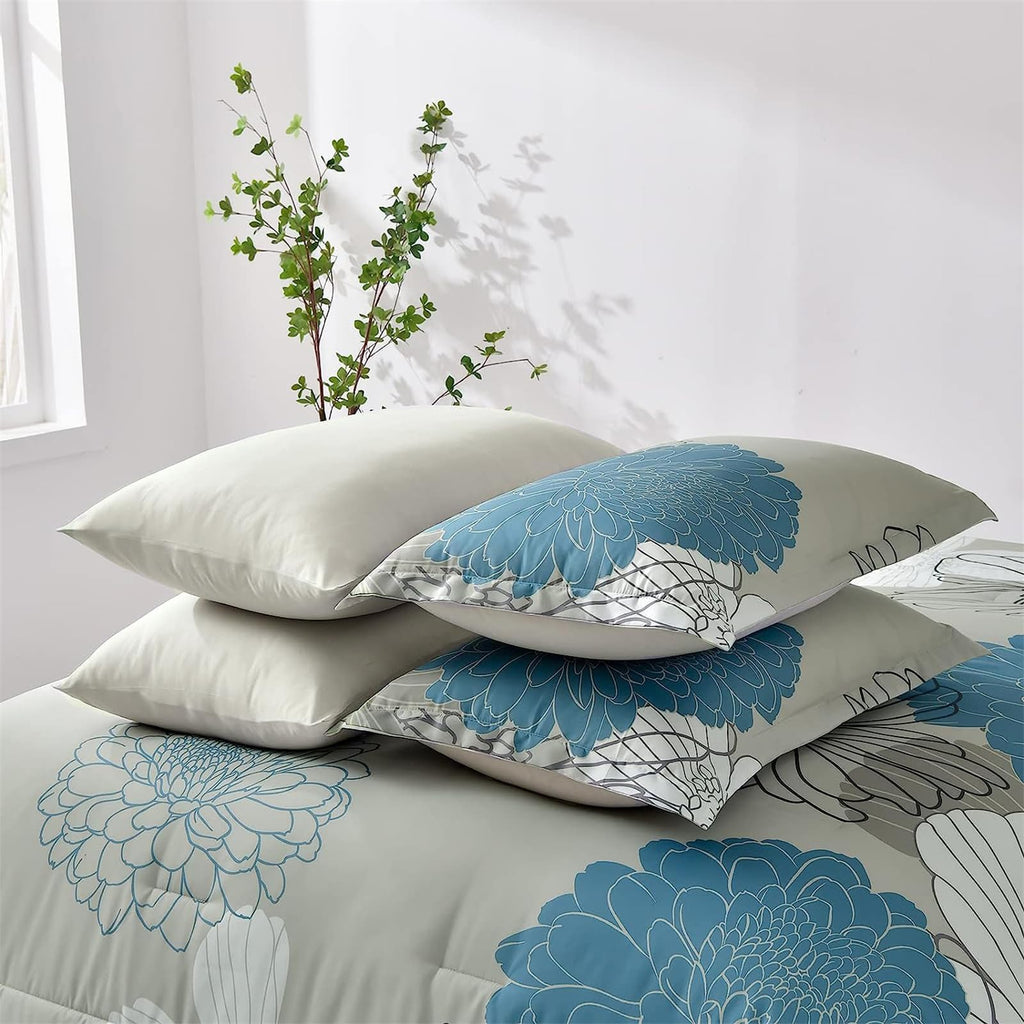 Yiran 7 Pieces Bed in a Bag Blue Floral Comforter Set Queen Size Flowers Comforter Set Soft Microfiber Bedding Set (1 Comforter 1 Flat Sheet 1 Fitted Sheet 2 Pillowshams 2 Pillowcases)