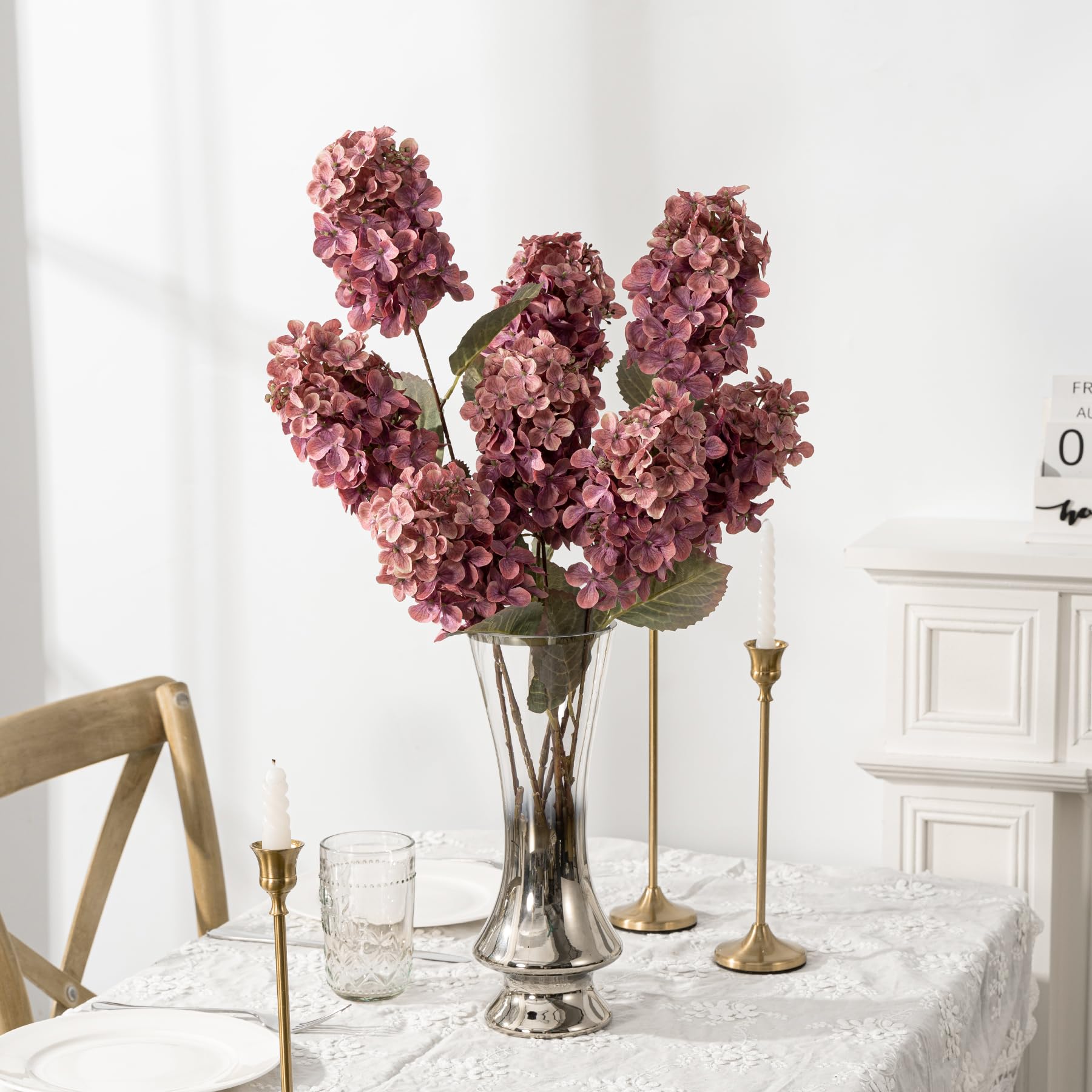 Ttranewsoo Hydrangea Artificial Flowers,Fall Hydrangeas Artificial Flowers,Blue Fake Fall Dried Hydrangea Flowers Decoration,Faux Silk Flower with Stems Winter Decor(Blue 24" 8pcs) Without Vase