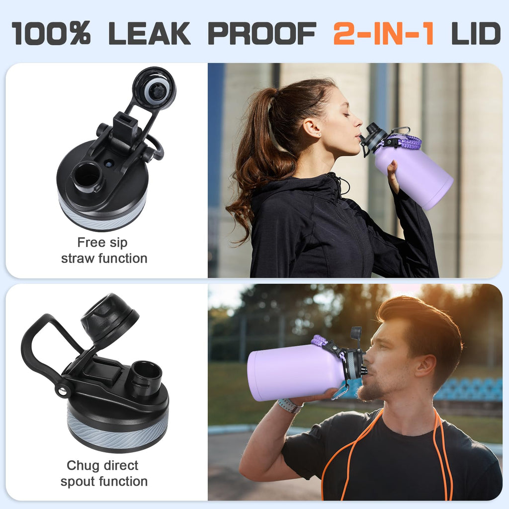GAZLEMHO 40 oz Insulated Water Bottle with Straw& Spout 2-in-1 Lid, Triple Wall Vacuum Stainless Steel Cold 48H, Leak Proof Sports Metal Flask Jug with Paracord Handle, Black