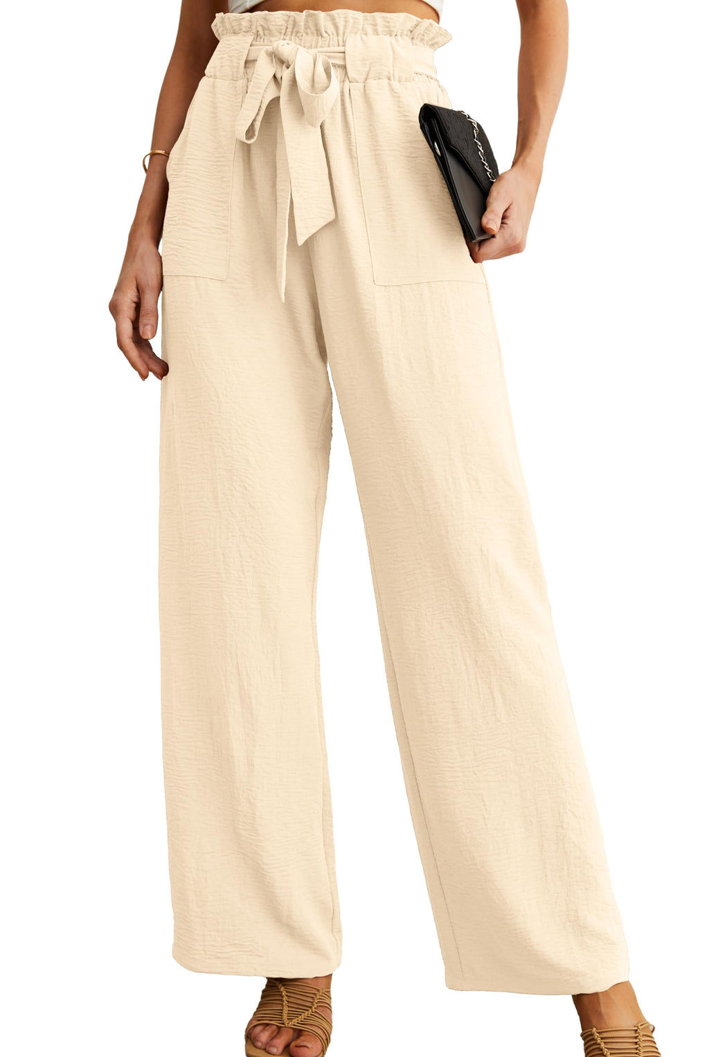 IWOLLENCE Women High Waist Palazzo Pants, Adjustable Knot Ankle Wide Leg Trousers Pockets Beach Vacation Lounge Office