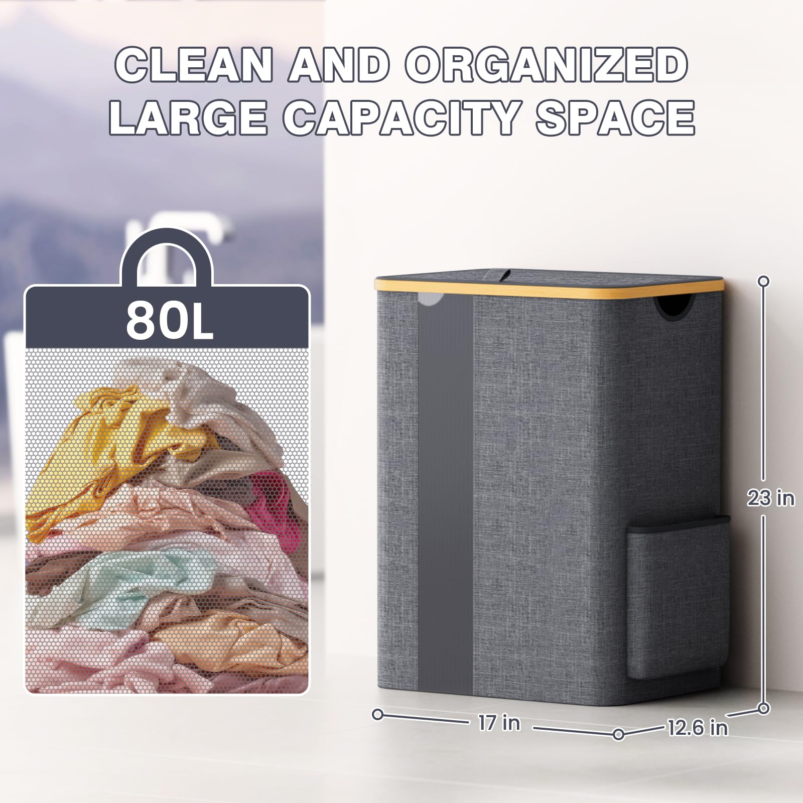 BlissTotes Laundry Basket with Lid, 100L Clothes Laundry Hamper with Handles and Removable Laundry Bag, Breathable Design Hamper with Lid for Bedroom, Bathroom, Dorm, Laundry Room - Beige