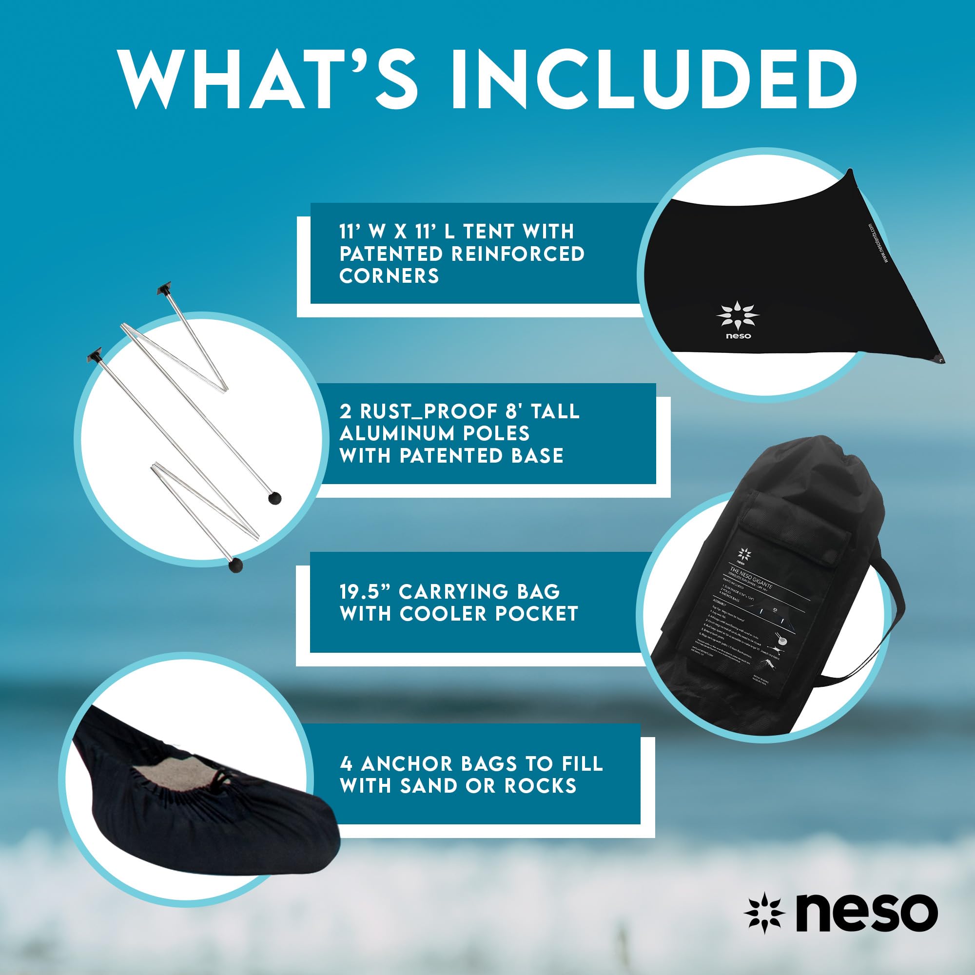 Neso Gigante Portable Beach Tent Sun Shelter - Lightweight Beach Shade Canopy - Easy Setup for Family Outings - Patented Reinforced Corners - UPF 50+ - 8ft Tall, 11 x 11ft - Save The Whales