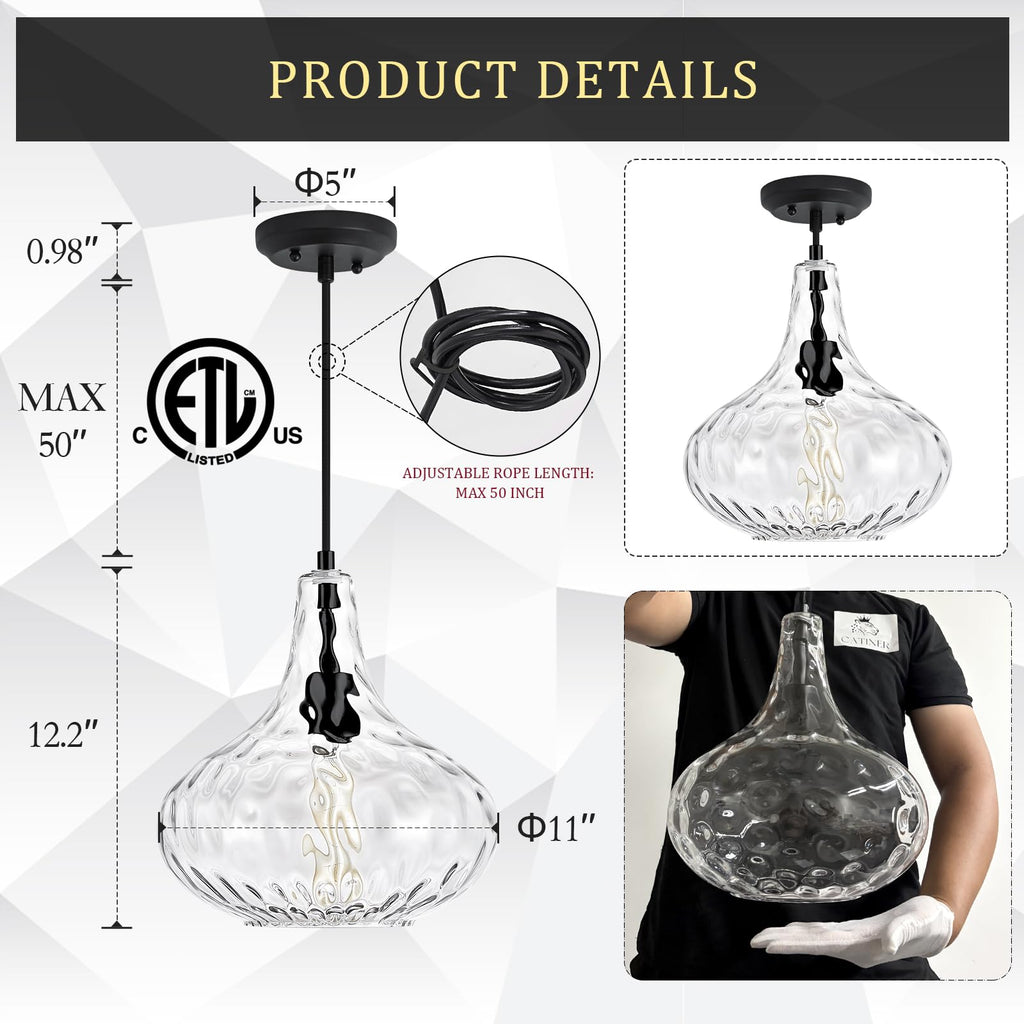 Glass Large Pendant Lights for Kitchen Island Blown Glass Pendant Light Clear Hammered Shade Hanging Ceiling Lights with Black Finish for for Kitchen Island, Sink, Hallway, Living Room 11 inch