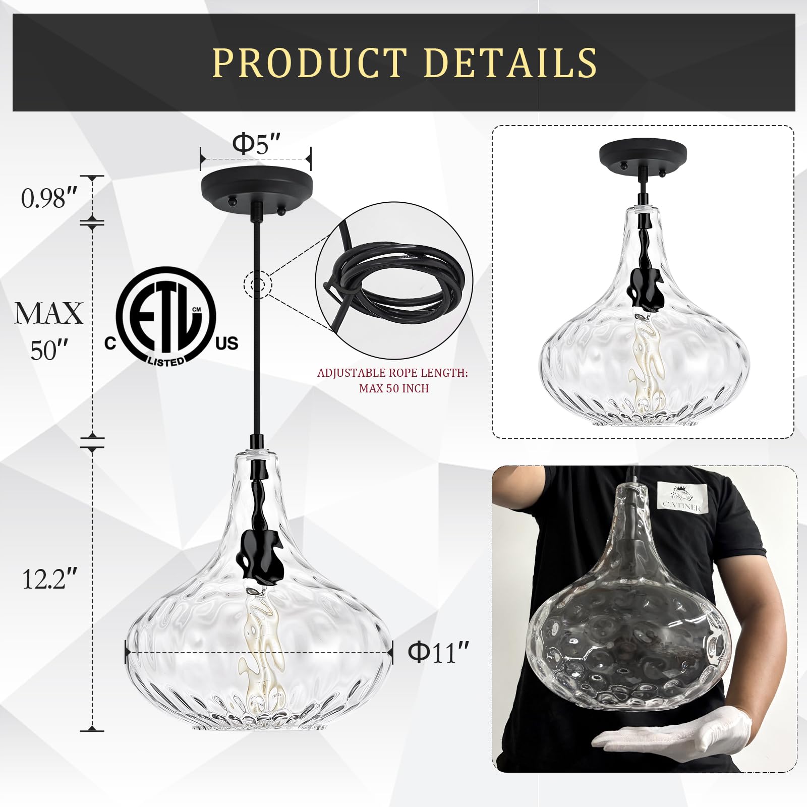 Glass Large Pendant Lights for Kitchen Island Blown Glass Pendant Light Clear Hammered Shade Hanging Ceiling Lights with Black Finish for for Kitchen Island, Sink, Hallway, Living Room 11 inch