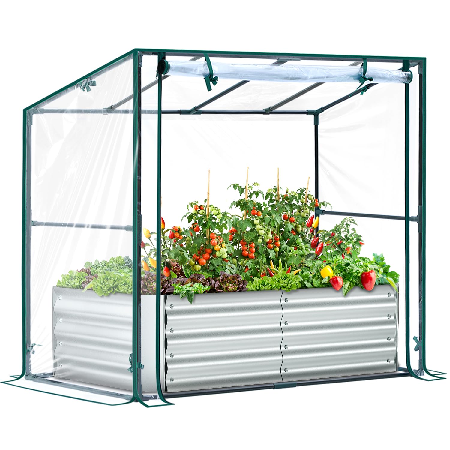 Ohuhu 8x4x1 FT Raised Garden Bed with Cover, 3-in-1 Galvanized Metal Planter Box with Greenhouse for Outdoor Plants, Dual-Side Access for Easy Plant Care, All-Season Frost & Pest Protection