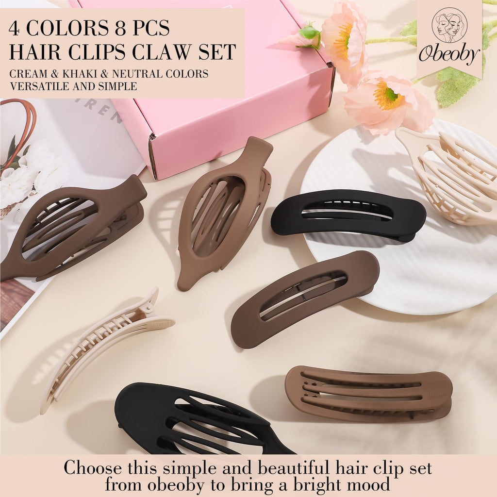 Obeoby 8 Pcs Flat Claw Clips for Women, Strong Hold French Flat Hair Clips for Thick Thin Hair Barrettes Accessories Round Large Medium (Tortoiseshell)