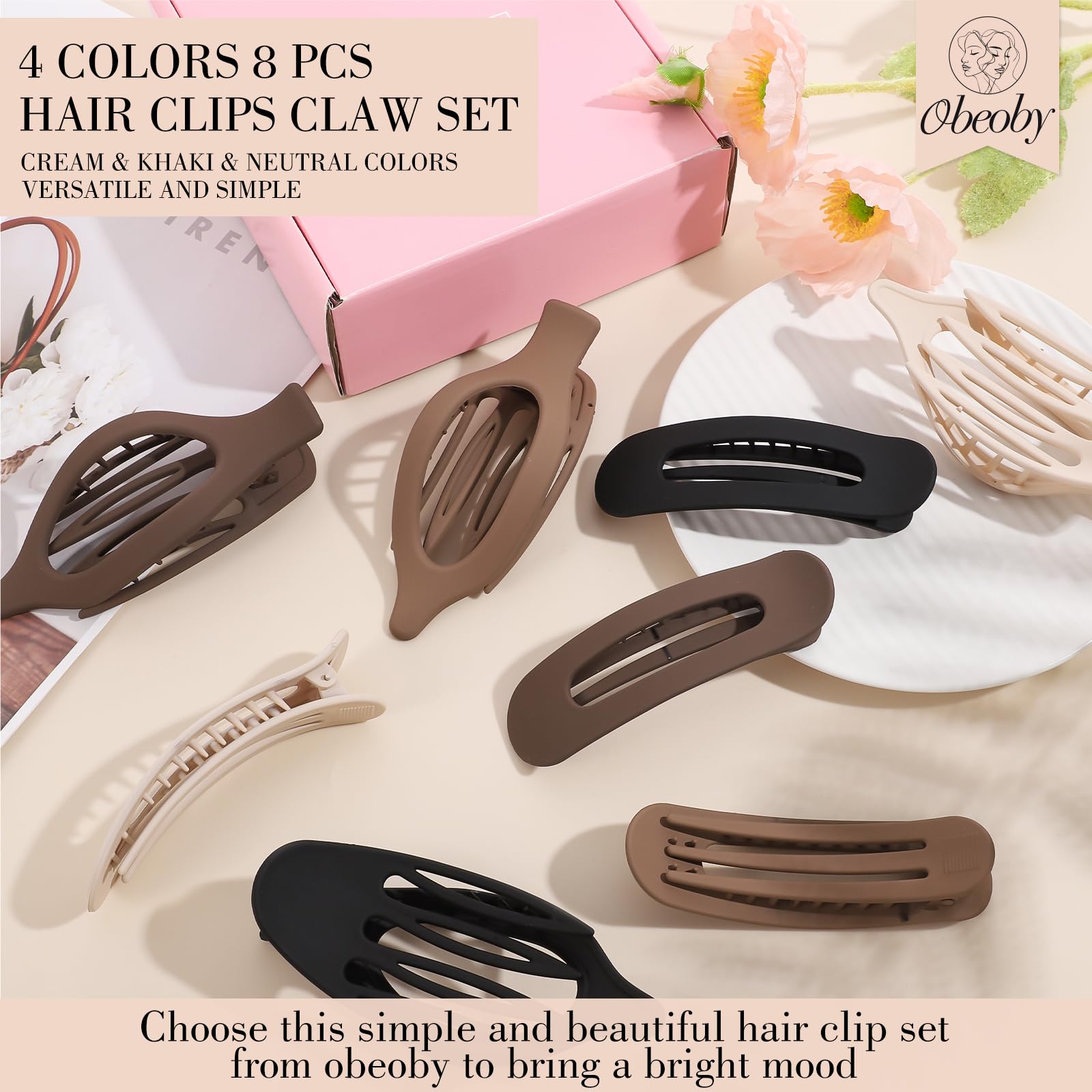 Obeoby 8 Pcs Flat Claw Clips for Women, Strong Hold French Flat Hair Clips for Thick Thin Hair Barrettes Accessories Round Large Medium (Tortoiseshell)