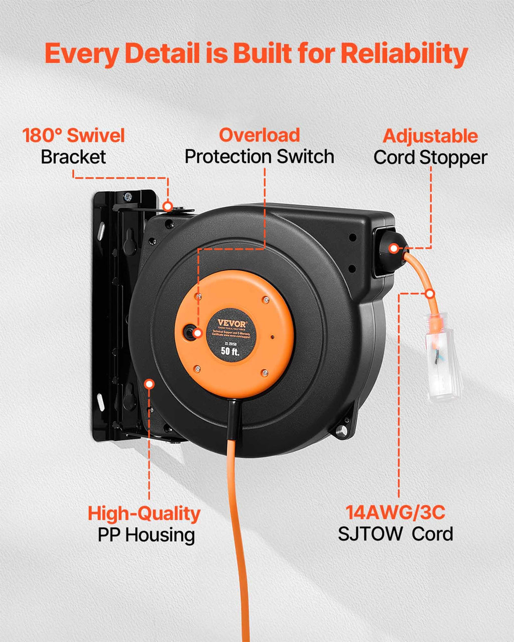 VEVOR Retractable Extension Cord Reel, 30 FT, Heavy Duty 16AWG/3C SJTOW Retractable Power Cord Reel with Lighted Triple Tap Outlet 10 Amp Circuit Breaker 4.5FT Lead-in Cord, for Ceiling or Wall Mount