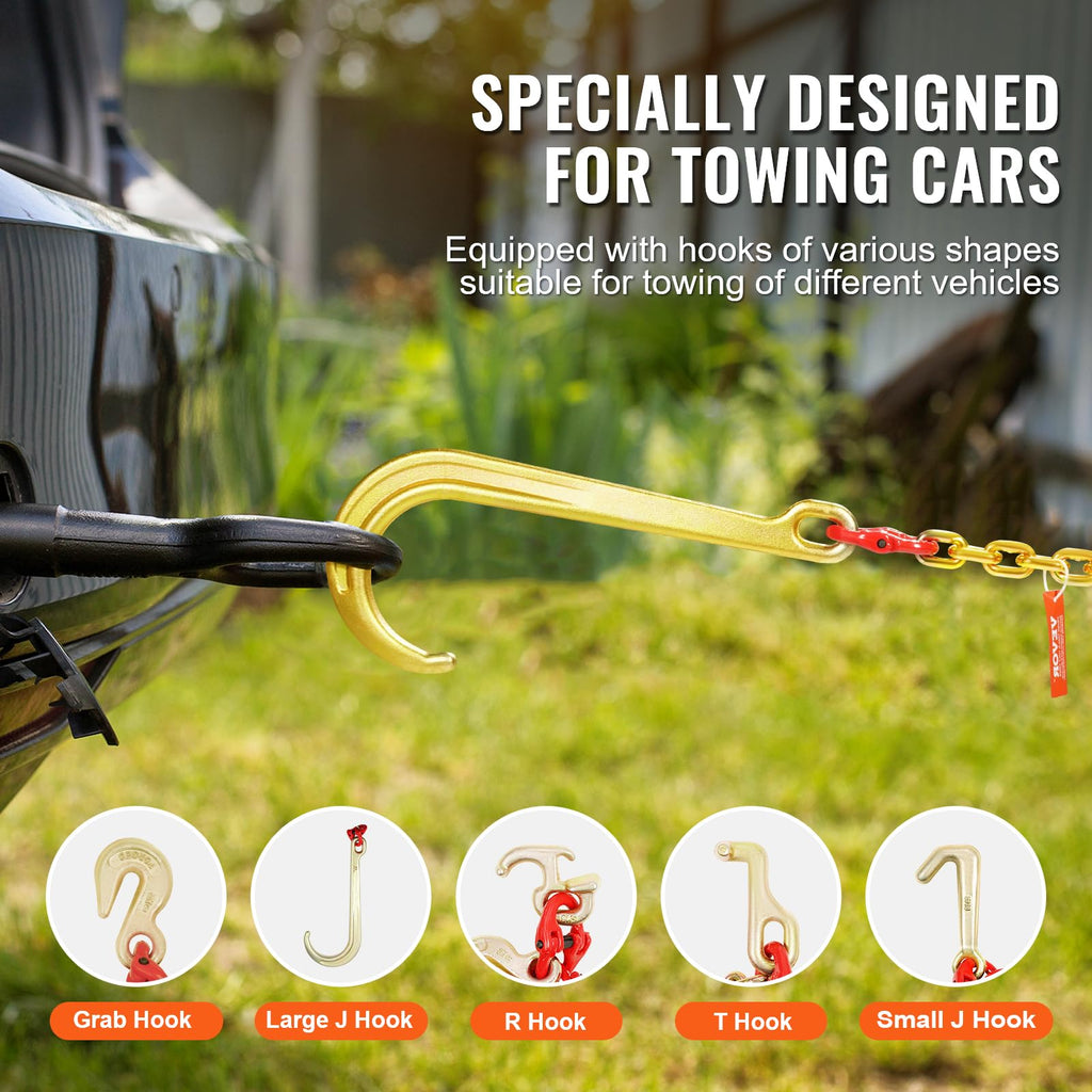 VEVOR G80 V Bridle Chain, 3/8" x 2' Towing Chain Bridle with 15" J Hooks, T Hooks & Grab Hooks, Heavy Duty Transport Tow Chain Bridle with 7800 lbs Safe Working Load for Flatbed Truck Wrecker Recovery
