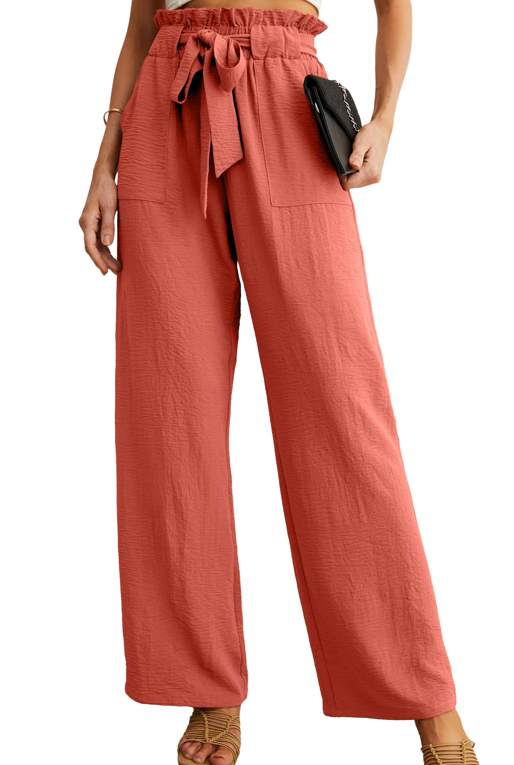 IWOLLENCE Women High Waist Palazzo Pants, Adjustable Knot Ankle Wide Leg Trousers Pockets Beach Vacation Lounge Office