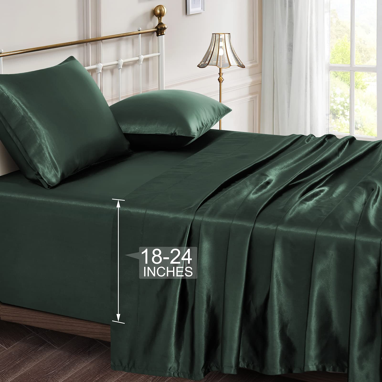 Vonty Extra Deep Pocket Full Sheet Sets - Cooling & Silky Satin Full Size Sheets with 18-24 Inch Deep Pocket, Black Satin Bed Sheets Fit Up to 24" Deep Mattress - 4 Piece Set