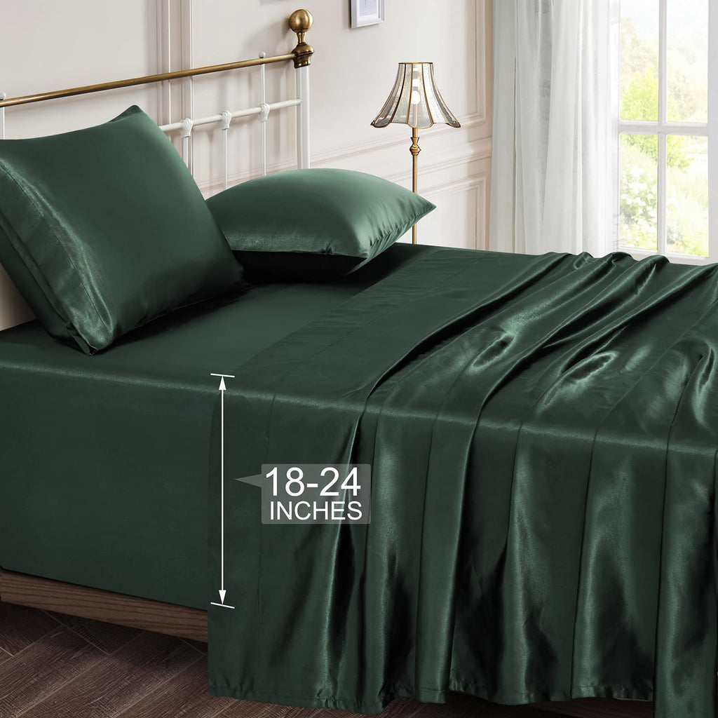 Vonty Extra Deep Pocket Full Sheet Sets - Cooling & Silky Satin Full Size Sheets with 18-24 Inch Deep Pocket, Black Satin Bed Sheets Fit Up to 24" Deep Mattress - 4 Piece Set