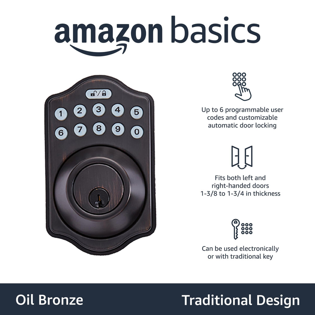 Amazon Basics Electronic Keypad Deadbolt Door Lock with Auto Lock, Touch-Control Keyless Entry, Customizable User Codes, Traditional Design, Matte Black, 1-Pack
