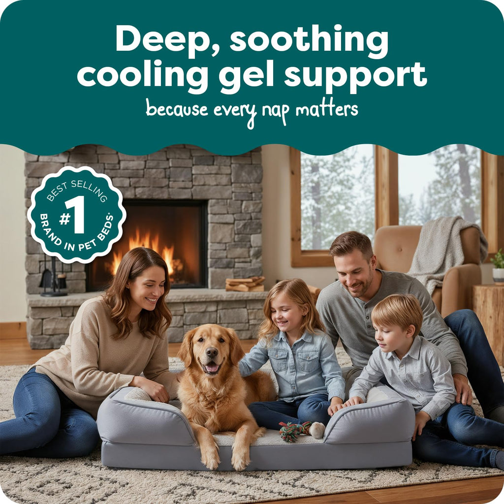 Furhaven Cooling Gel Dog Bed for Medium/Small Dogs w/ Removable Bolsters & Washable Cover, For Dogs Up to 35 lbs - Plush & Velvet Waves Perfect Comfort Sofa - Brownstone, Medium