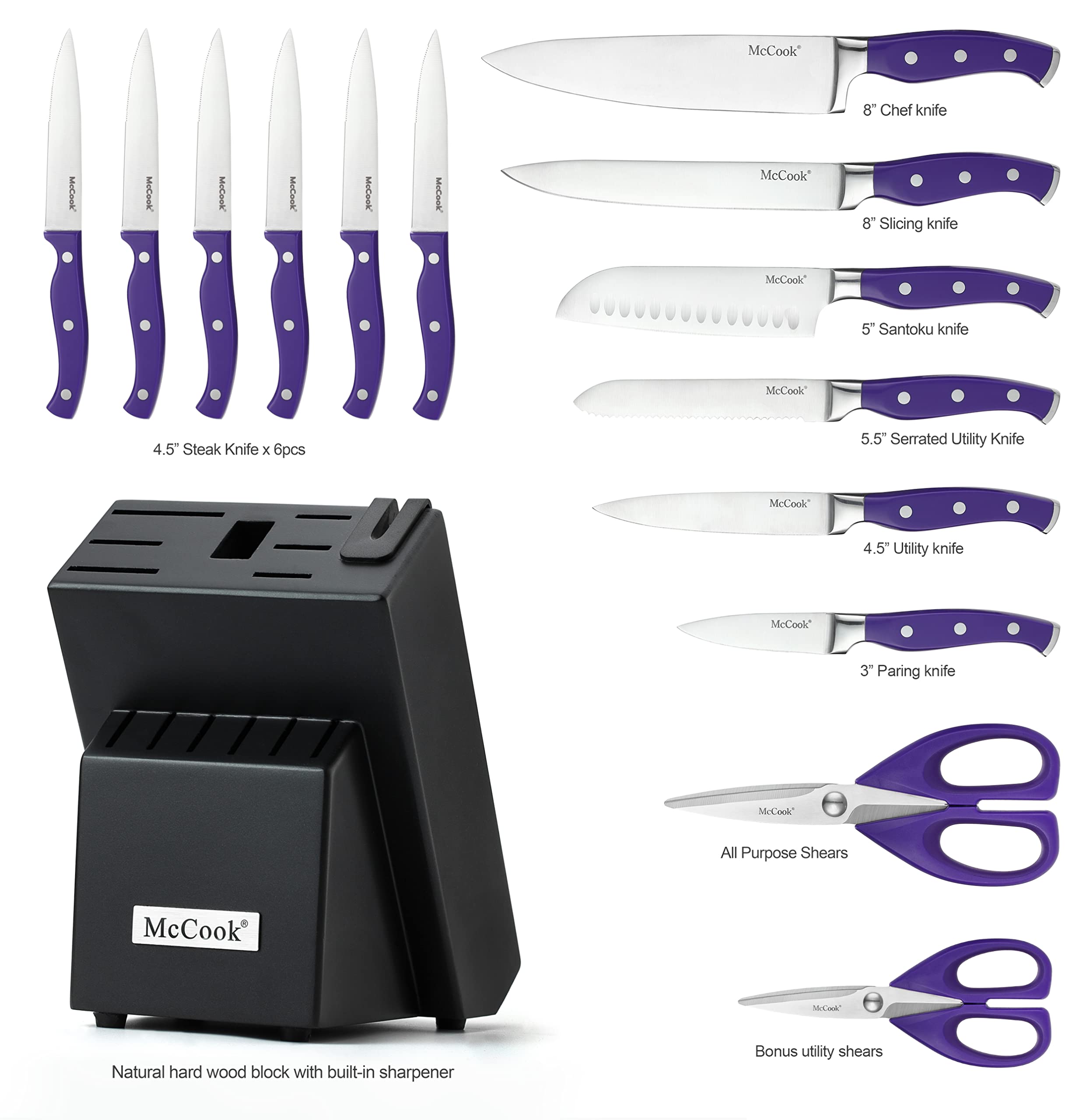 McCook® Knife Sets,German Stainless Steel Kitchen Knife Block Set with Built-in Sharpener, 20-Piece Razor-Sharp Kitchen Knives, Forged Triple Rivet,Full Tang,Ergonomic Handle,Elegant Box for Gift