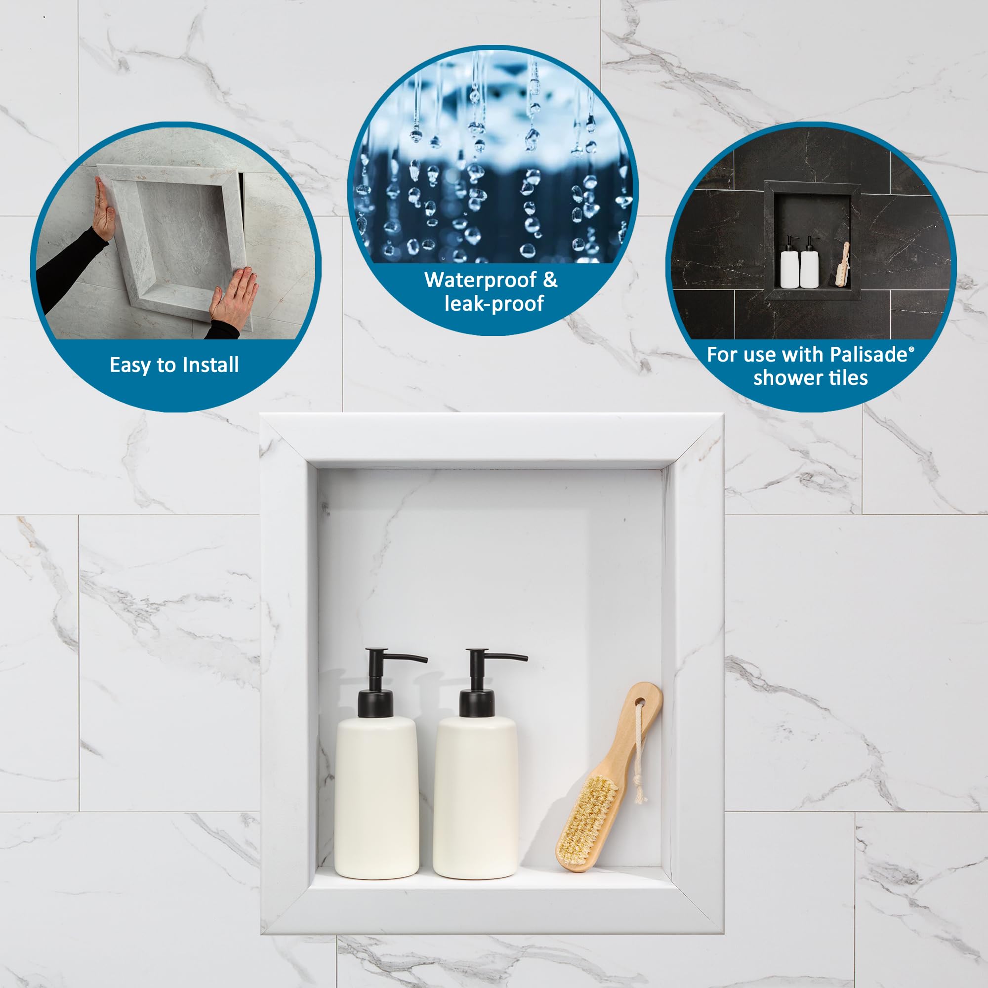 Palisade 17.5 in x 15.5 in Vinyl Shower Niche Ashen Slate | Waterproof Shower Insert